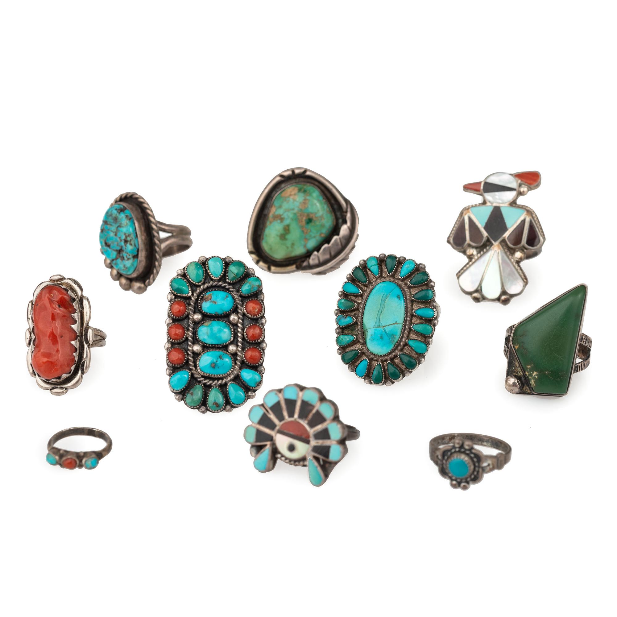 Navajo and Zuni Silver Rings, with Inlay