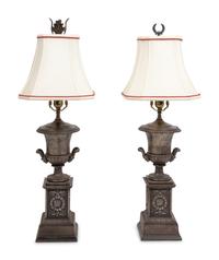 A Pair of Cast Iron Urns Mounted as Lamps