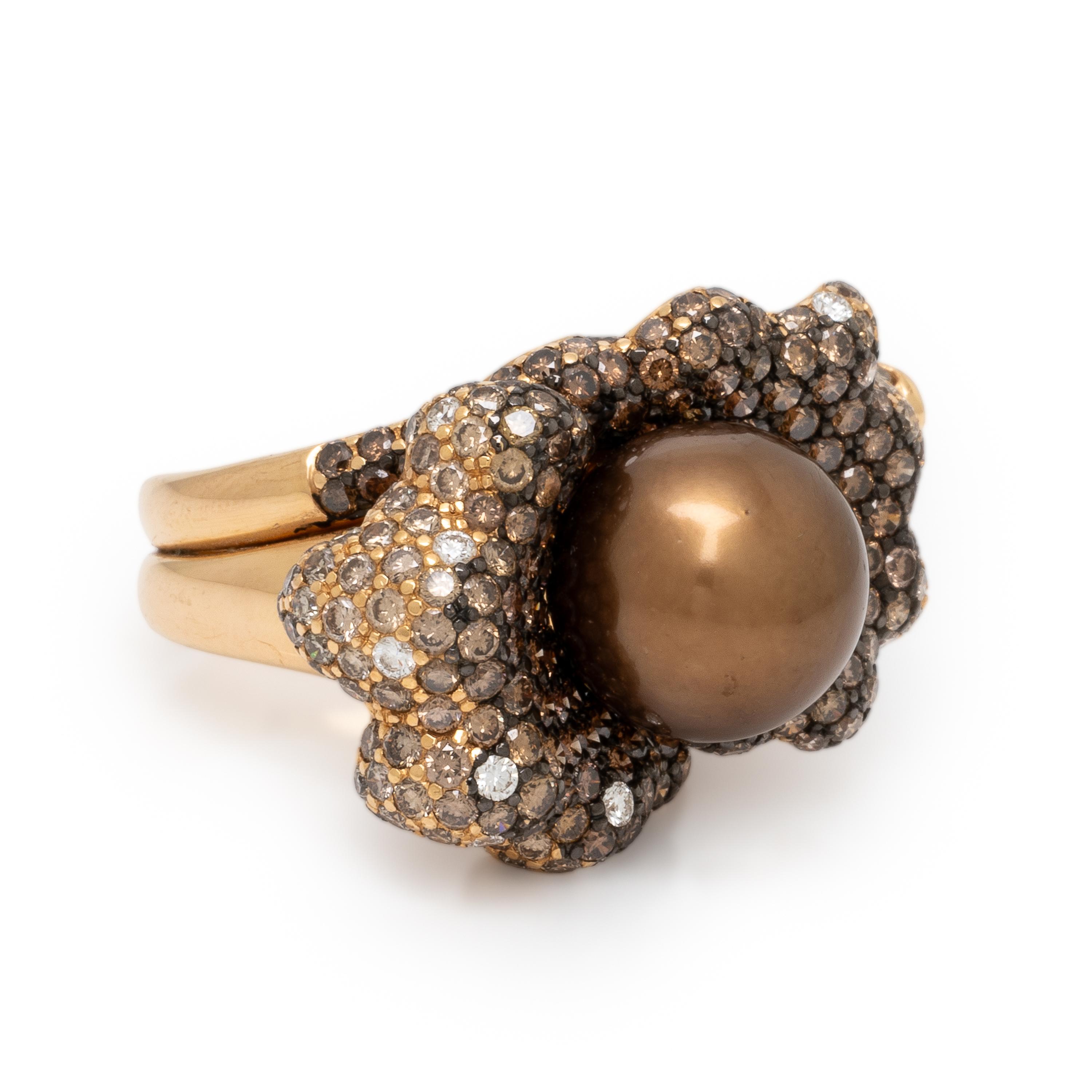 Rodney Rayner, 'Wave,' Brown Cultured Pearl, Colored Diamond, and Yellow Gold Flower Ring