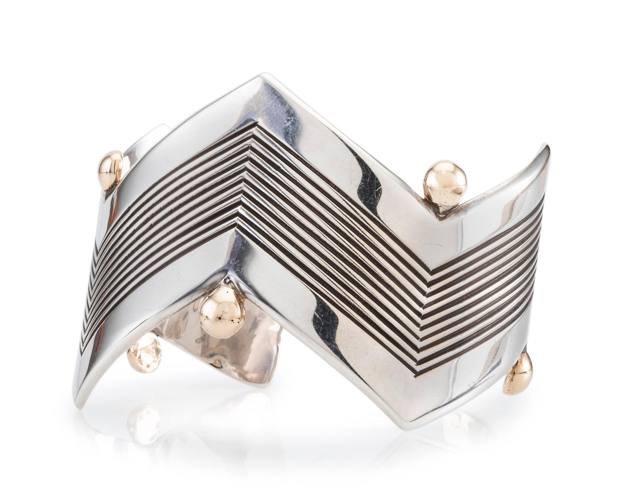 Sterling Silver Zigzag Cuff Bracelet, with 14K Gold Bead Accents