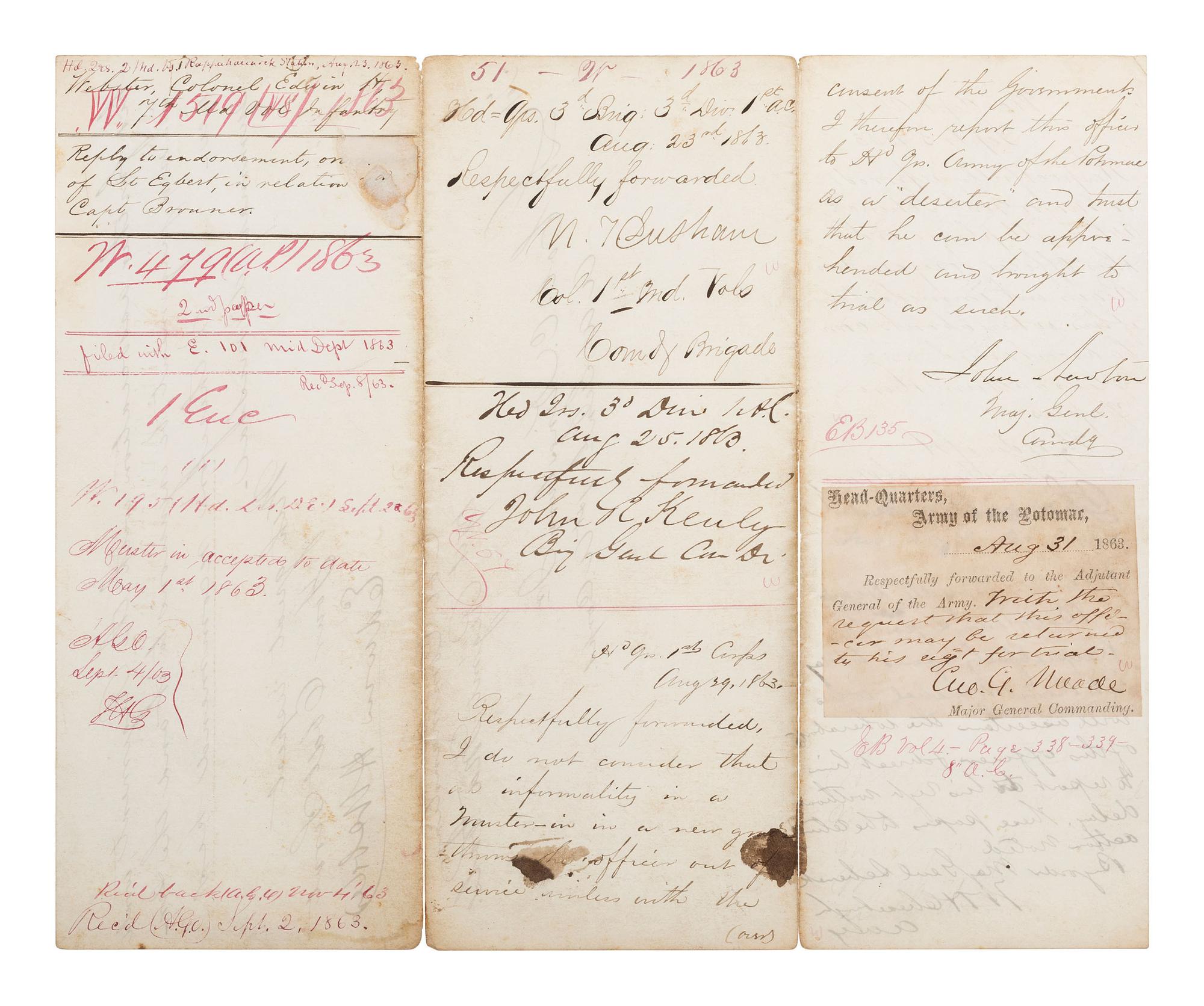 [CIVIL WAR-MARYLAND]. Group including an endorsement signed by Maj. Genl. George G. MEADE.