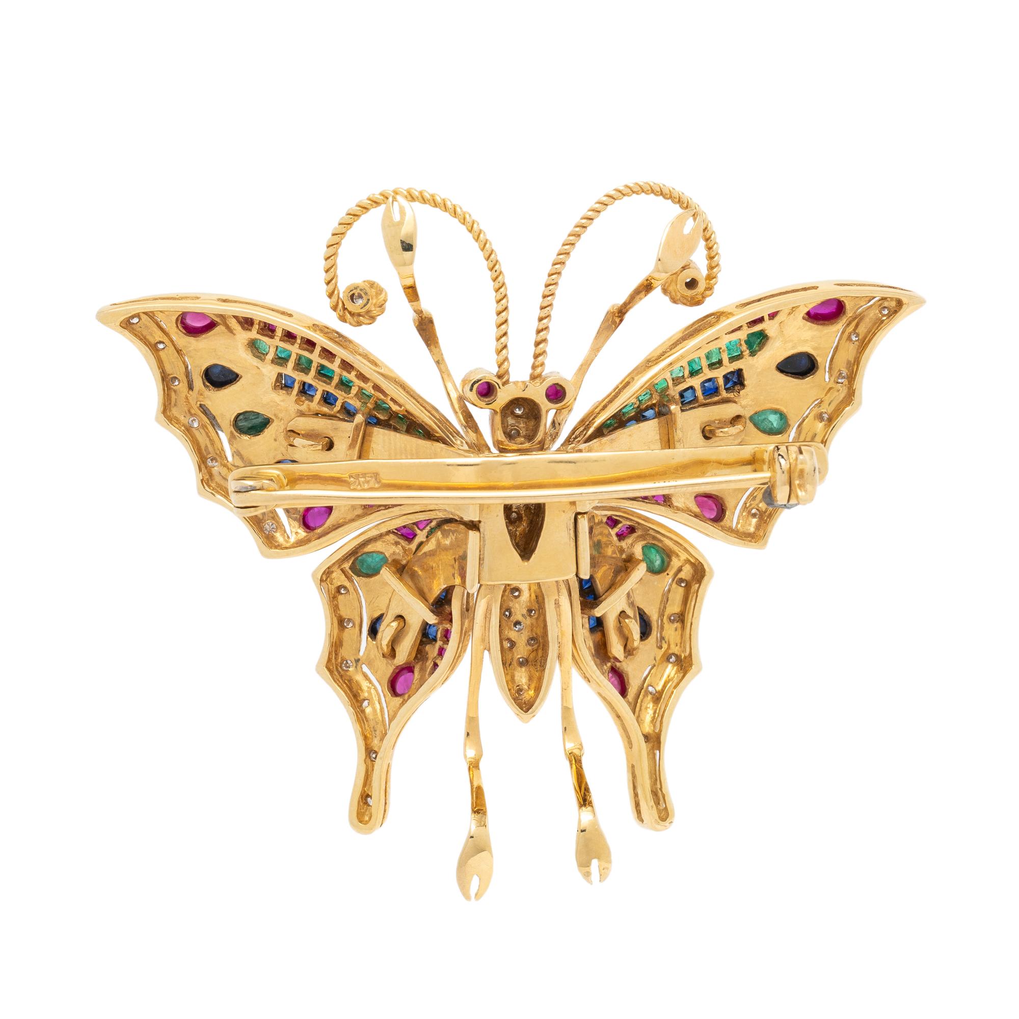 DIAMOND, MULTIGEM, AND YELLOW GOLD ARTICULATED BUTTERFLY BROOCH