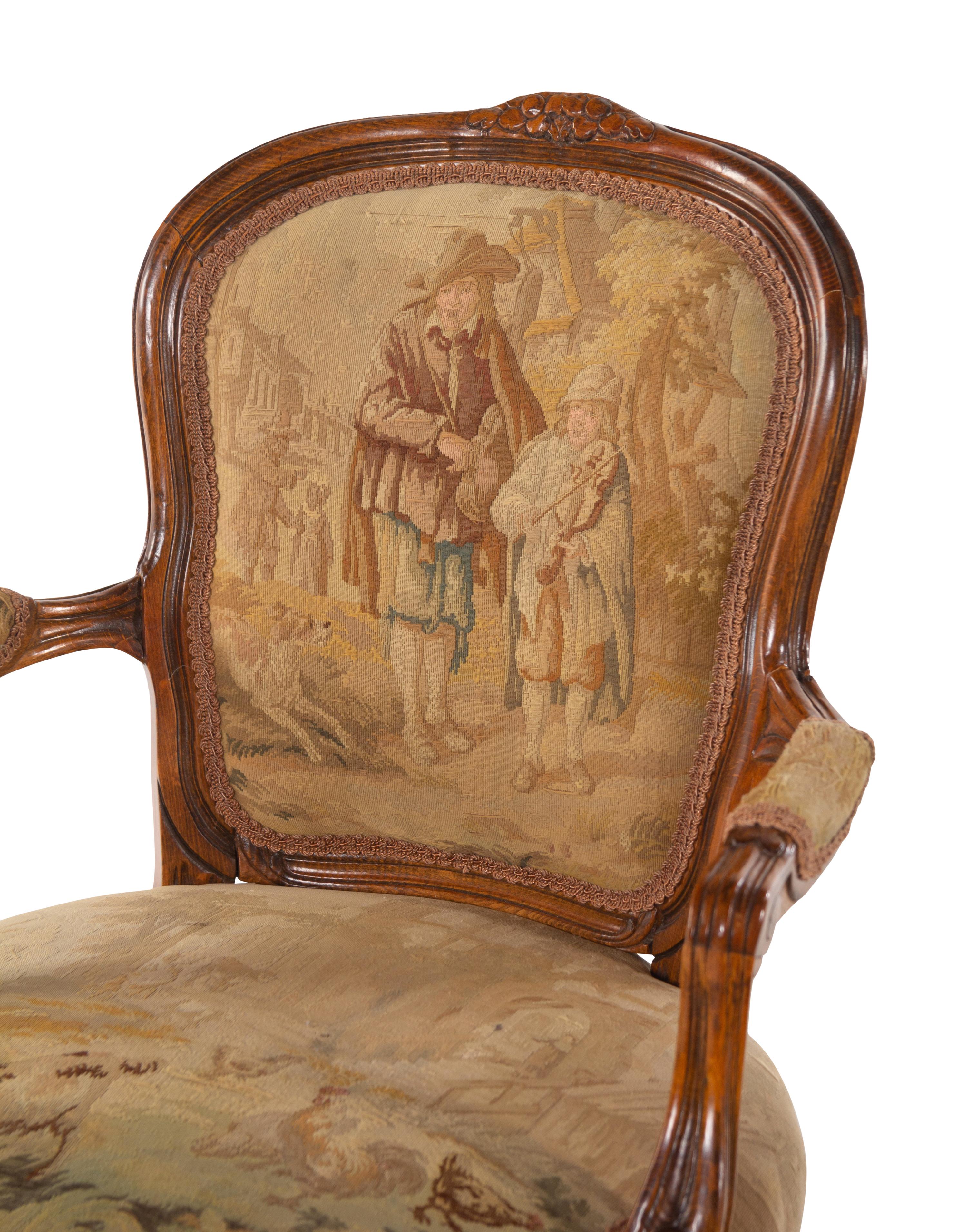 A Pair of Louis XV Style Tapestry Upholstered Fauteuils