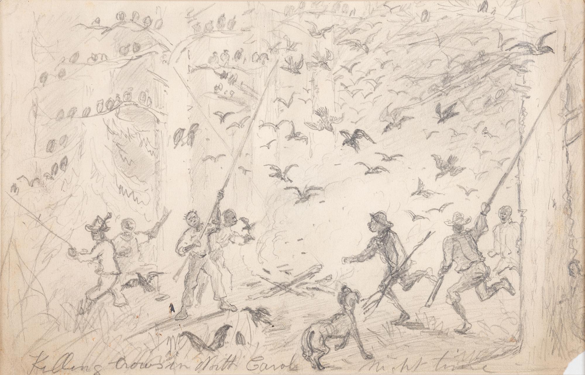 [SLAVERY & ABOLITION] -- [CIVIL WAR]. Killing Crows in North Carolina - Night time . Pencil sketch, n.d.