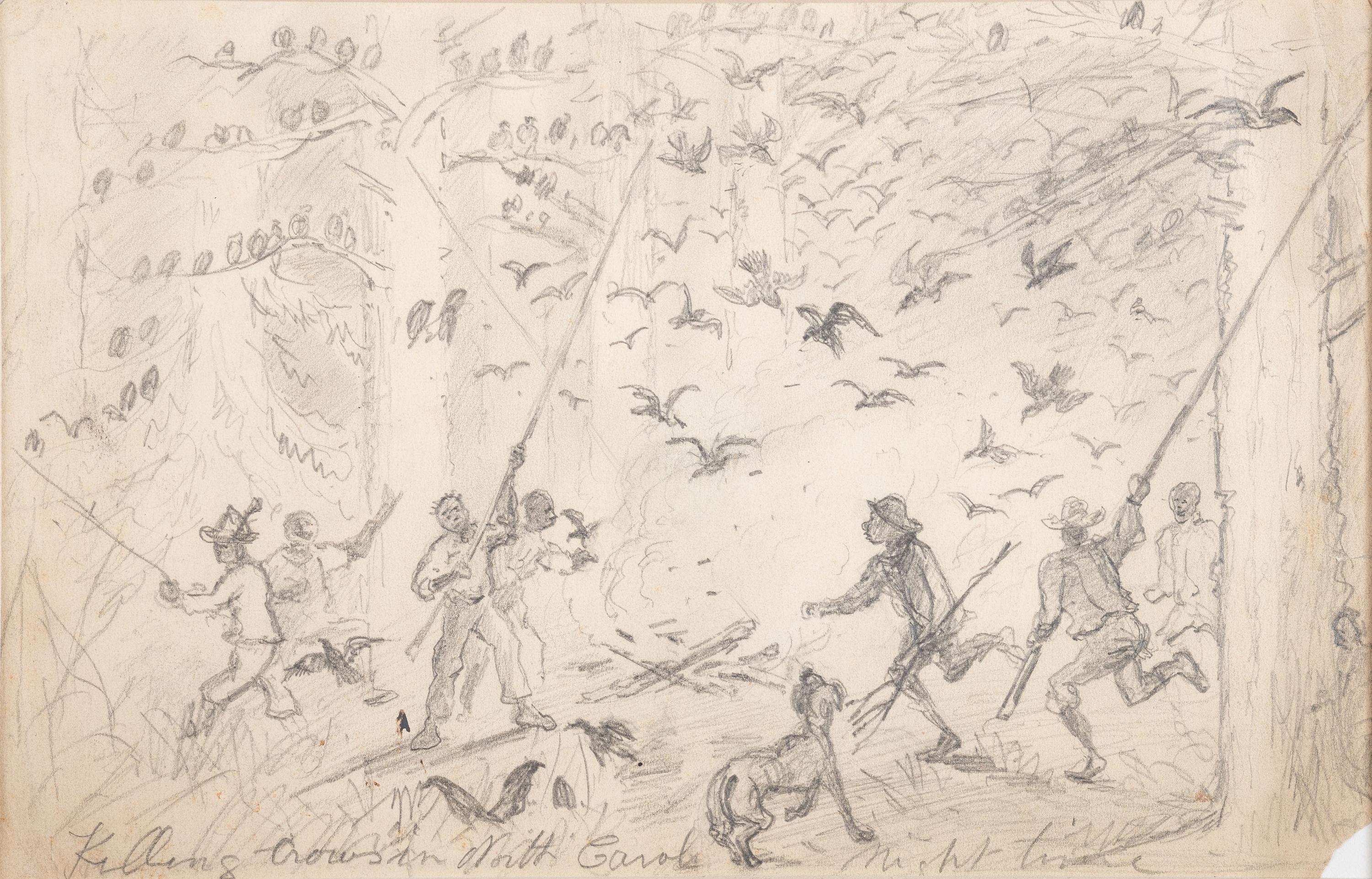 [SLAVERY & ABOLITION] -- [CIVIL WAR]. Killing Crows in North Carolina - Night time . Pencil sketch, n.d.