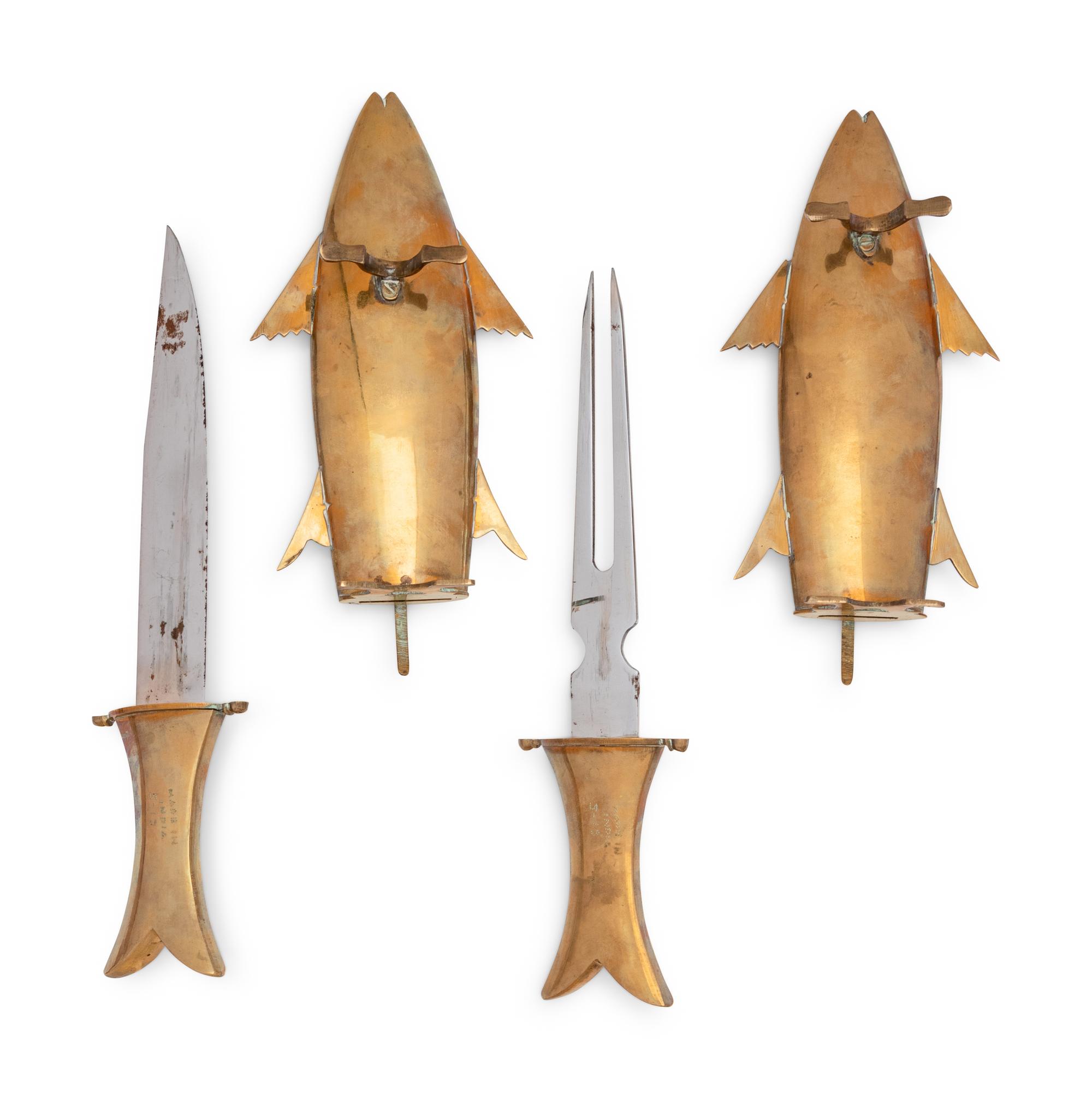 A Two-Piece Carving Set in Brass Fish-Form Sheaths