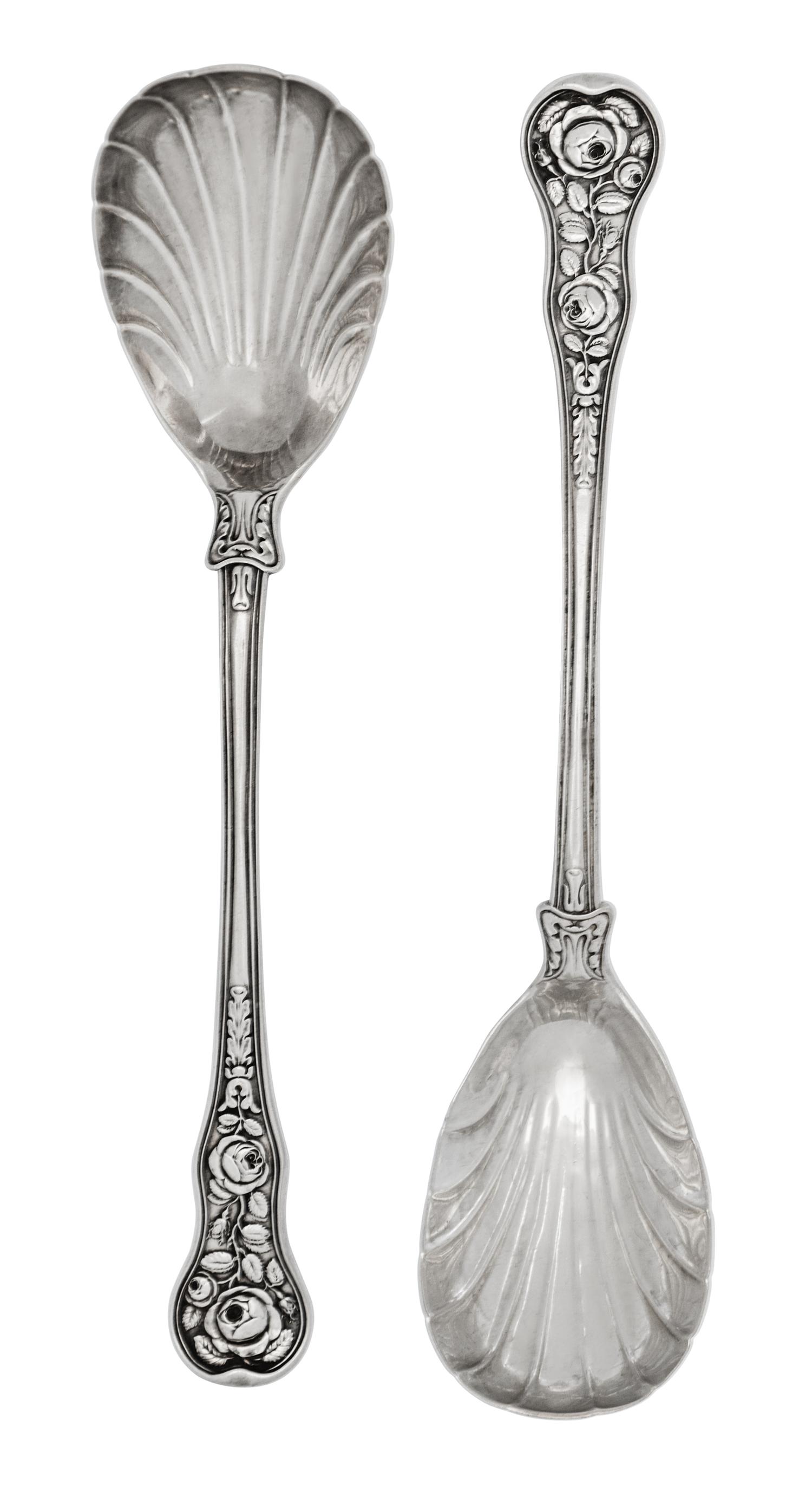 A Pair of William IV Silver Berry Spoons, William Eaton, London, 1836, with shell form bowls, the handles cast with roses, the backs of