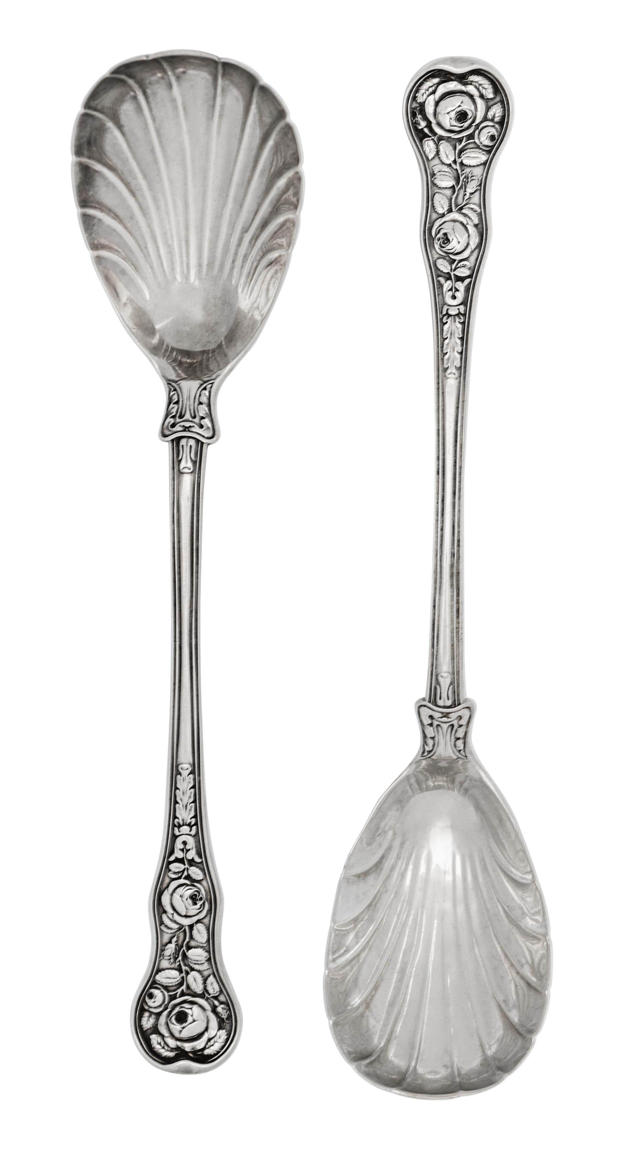 A Pair of William IV Silver Berry Spoons, William Eaton, London, 1836, with shell form bowls, the handles cast with roses, the backs of