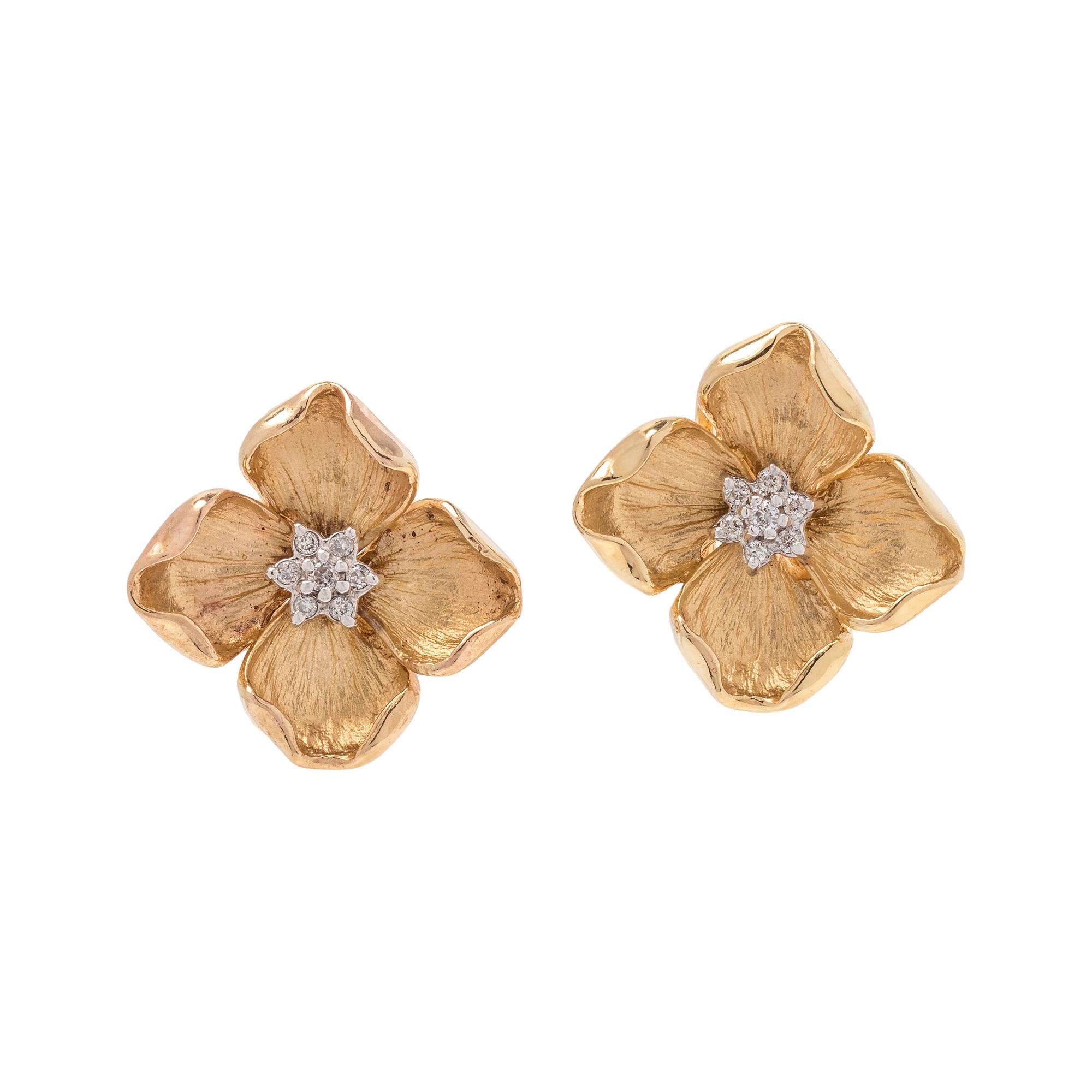 YELLOW GOLD AND DIAMOND FLOWER EARCLIPS