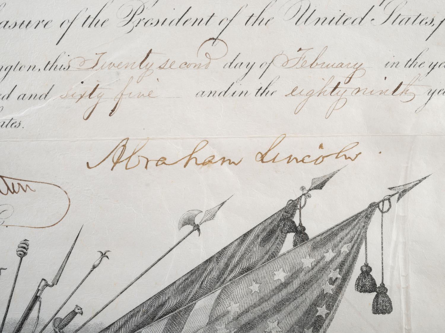 LINCOLN, Abraham (1809-1865). Partly-printed appointment signed ("Abraham Lincoln") as President of the United States. Washington, D.C. 22 February 1865.