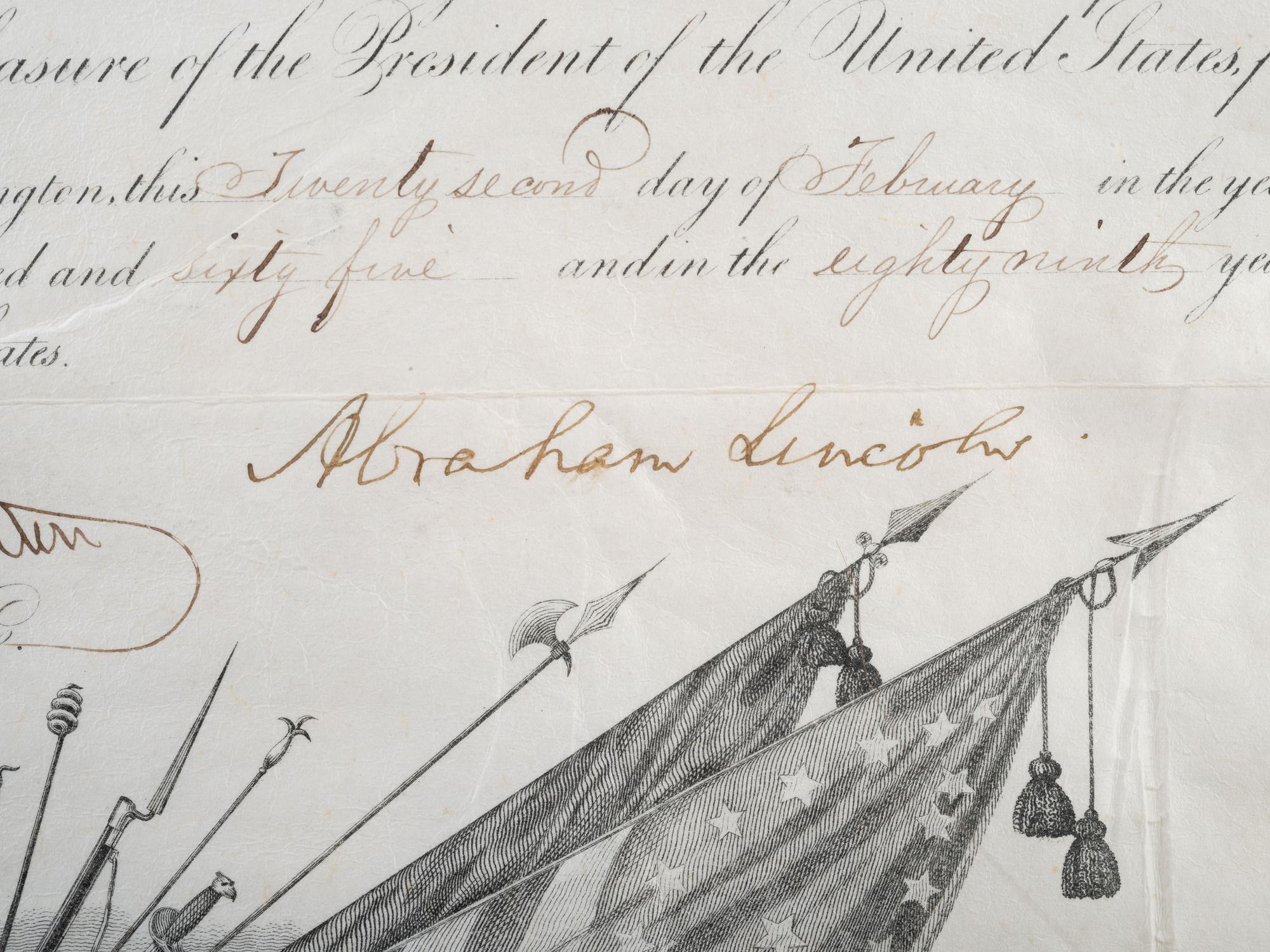 LINCOLN, Abraham (1809-1865). Partly-printed appointment signed ("Abraham Lincoln") as President of the United States. Washington, D.C. 22 February 1865.