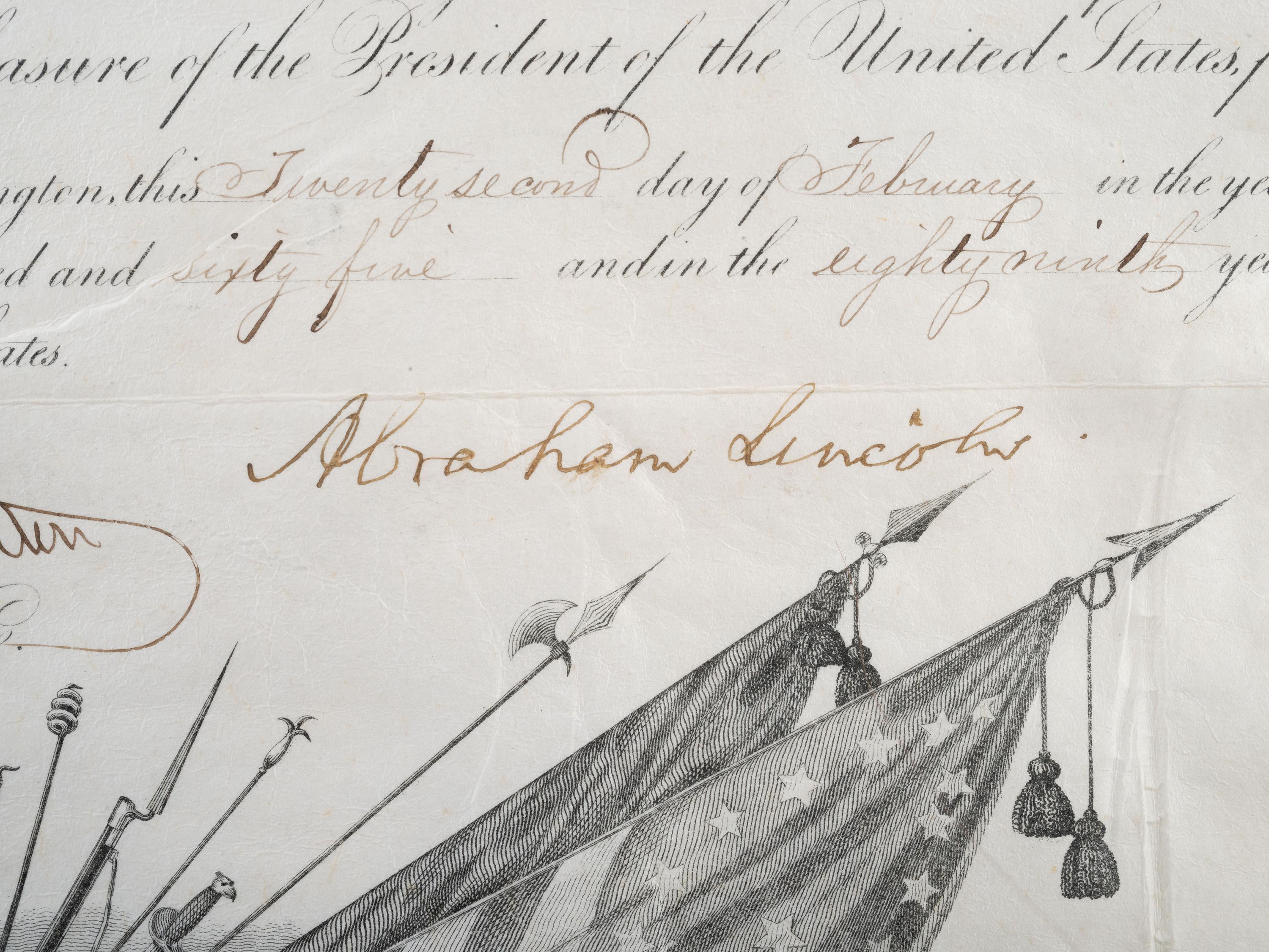 LINCOLN, Abraham (1809-1865). Partly-printed appointment signed ("Abraham Lincoln") as President of the United States. Washington, D.C. 22 February 1865.