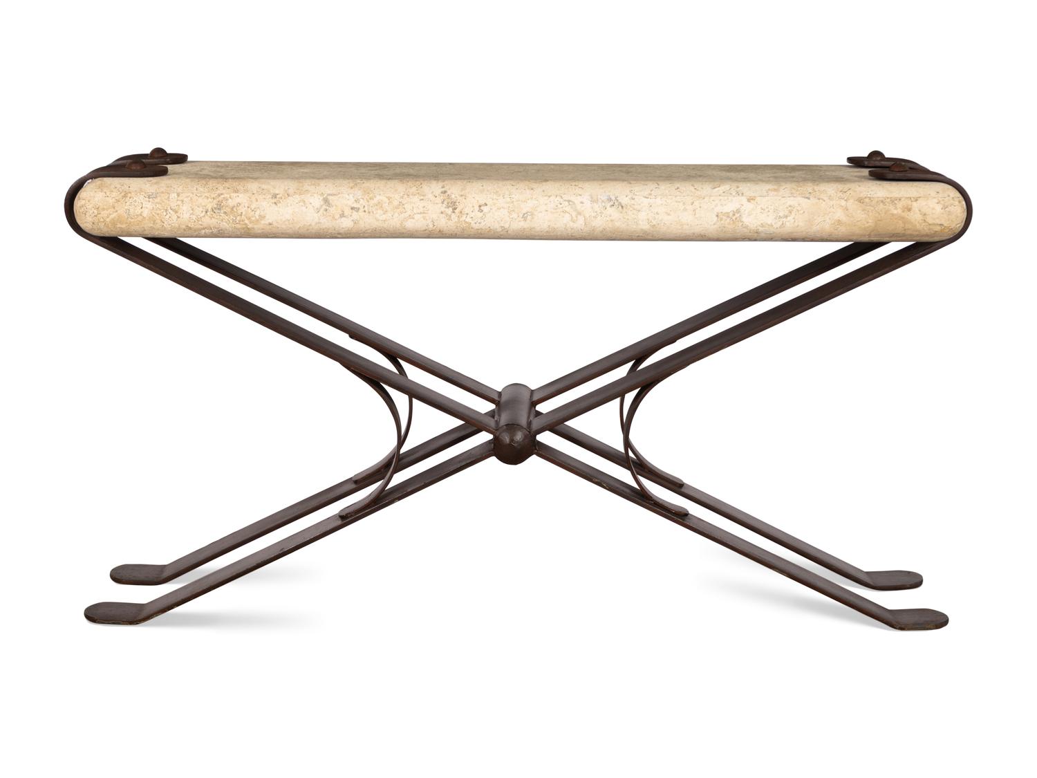 A Contemporary Wrought Iron X-Form Sofa Table with Stone Top