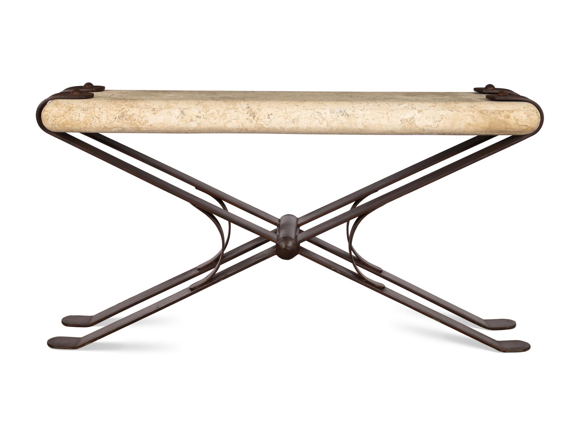 A Contemporary Wrought Iron X-Form Sofa Table with Stone Top