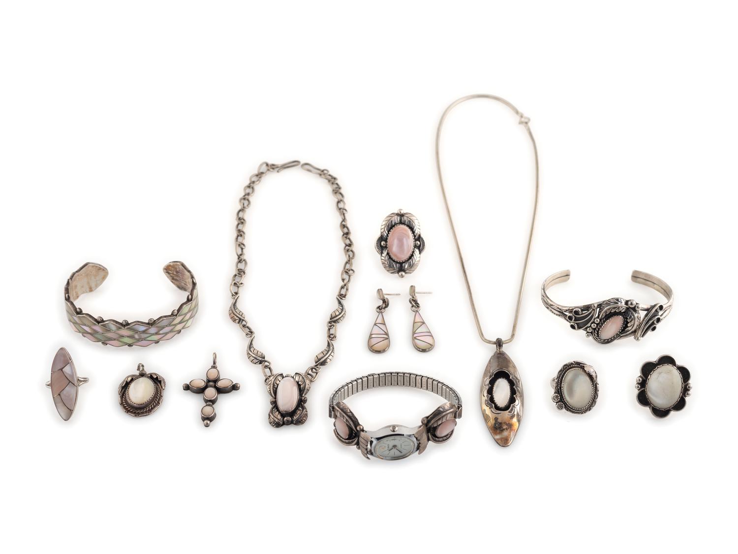 Assortment of Navajo and Zuni Silver and Shell Jewelry