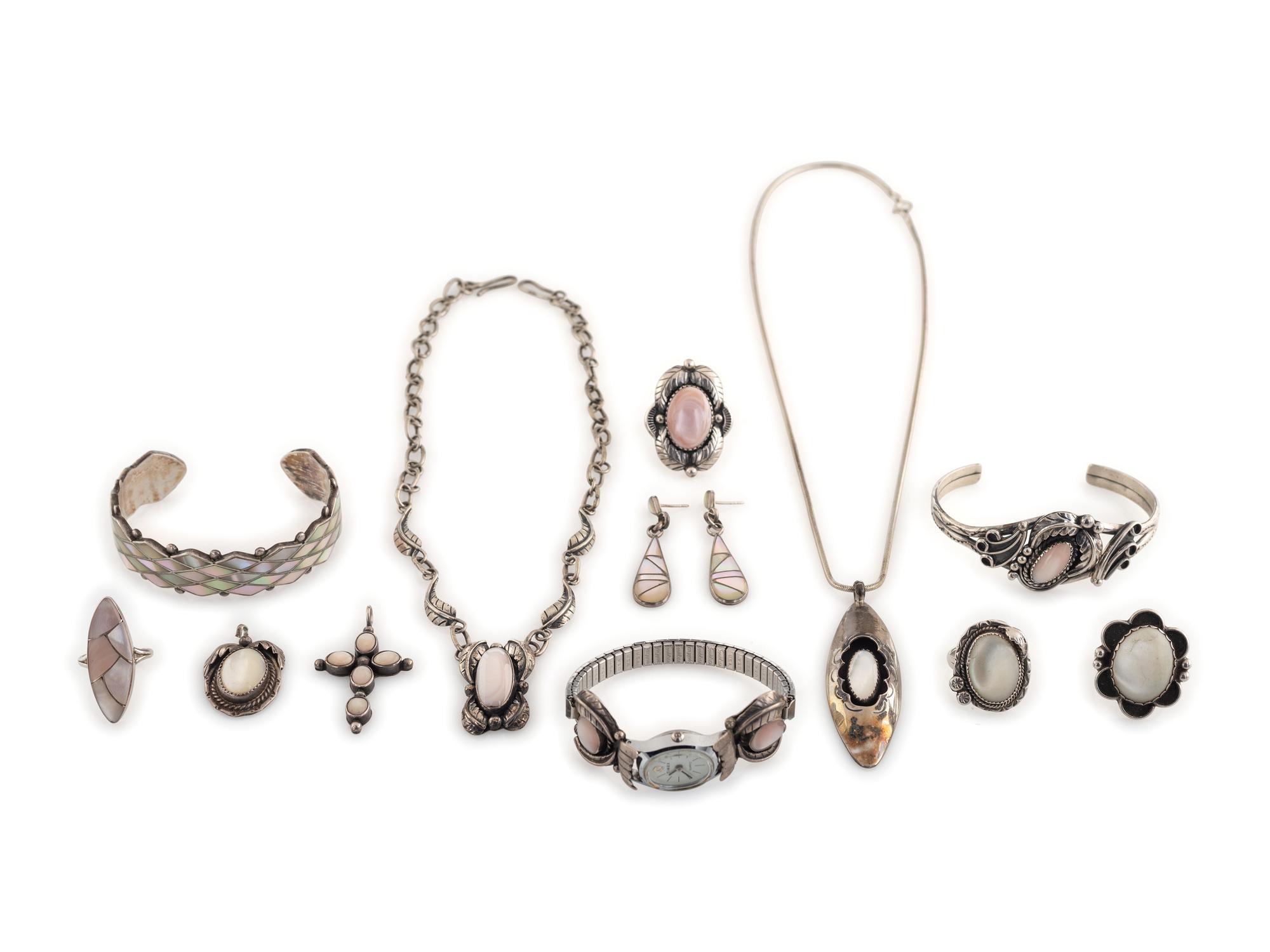 Assortment of Navajo and Zuni Silver and Shell Jewelry