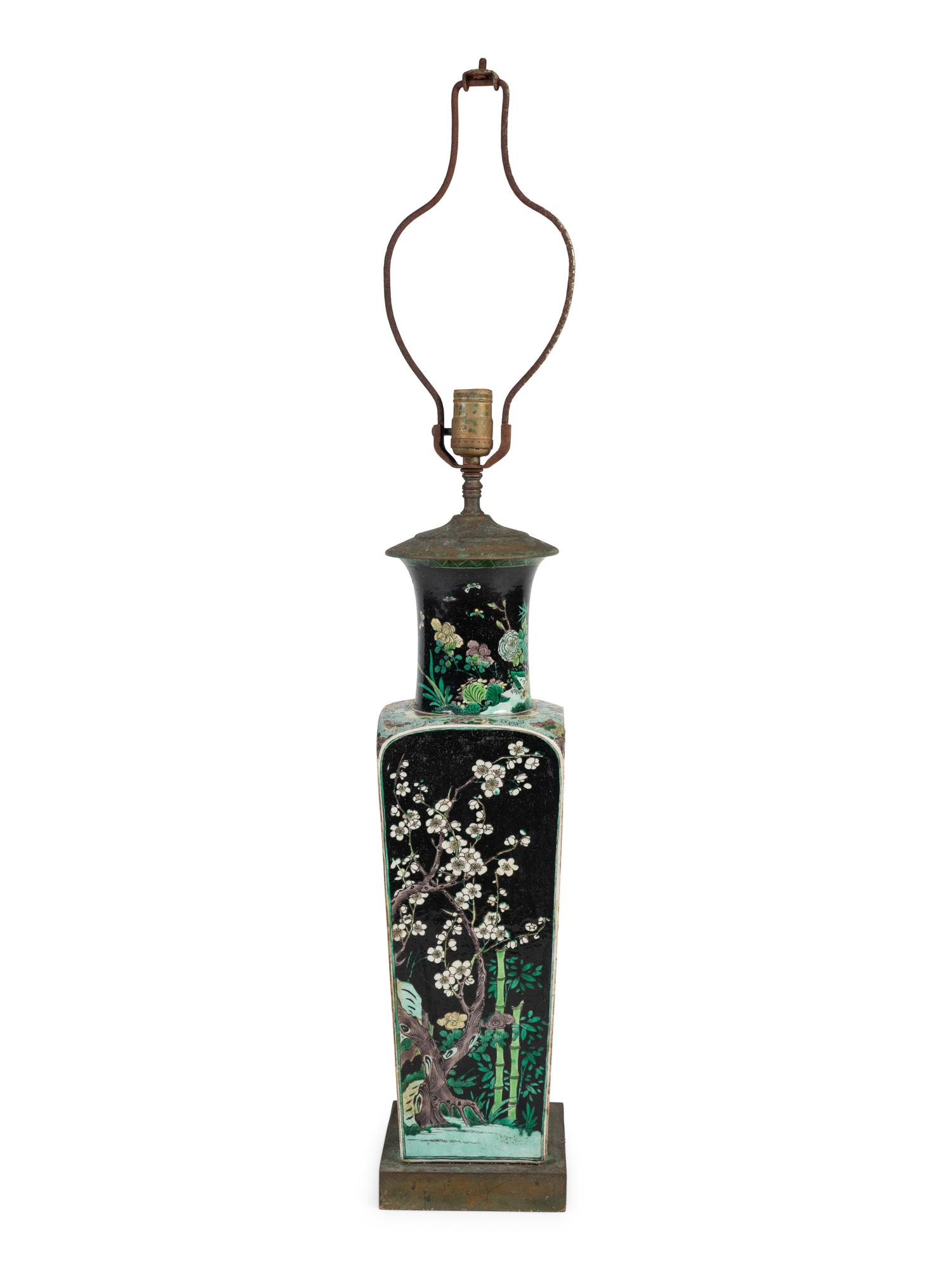 A Chinese Famille Noire Porcelain Vase Mounted as a Lamp — EARLY 20TH CENTURY