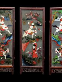 Three Chinese Painted on Glass and Wood Lanterns