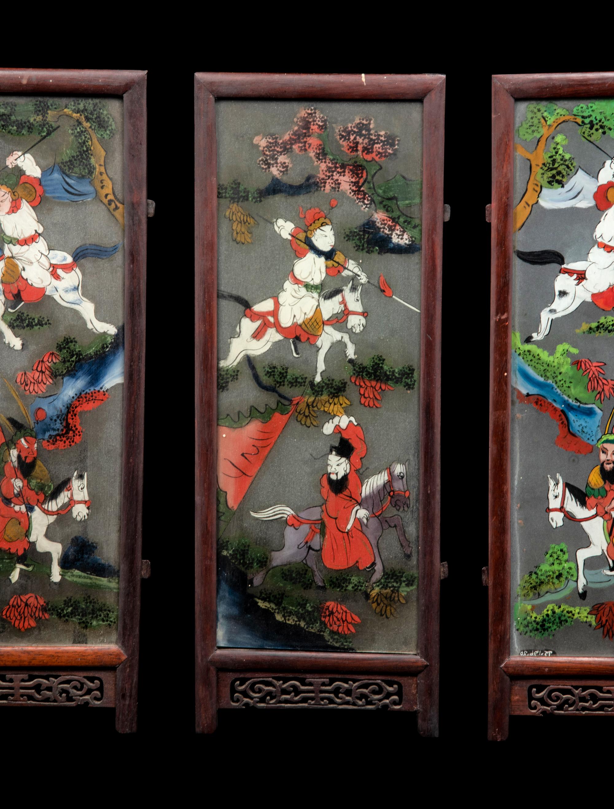Three Chinese Painted on Glass and Wood Lanterns