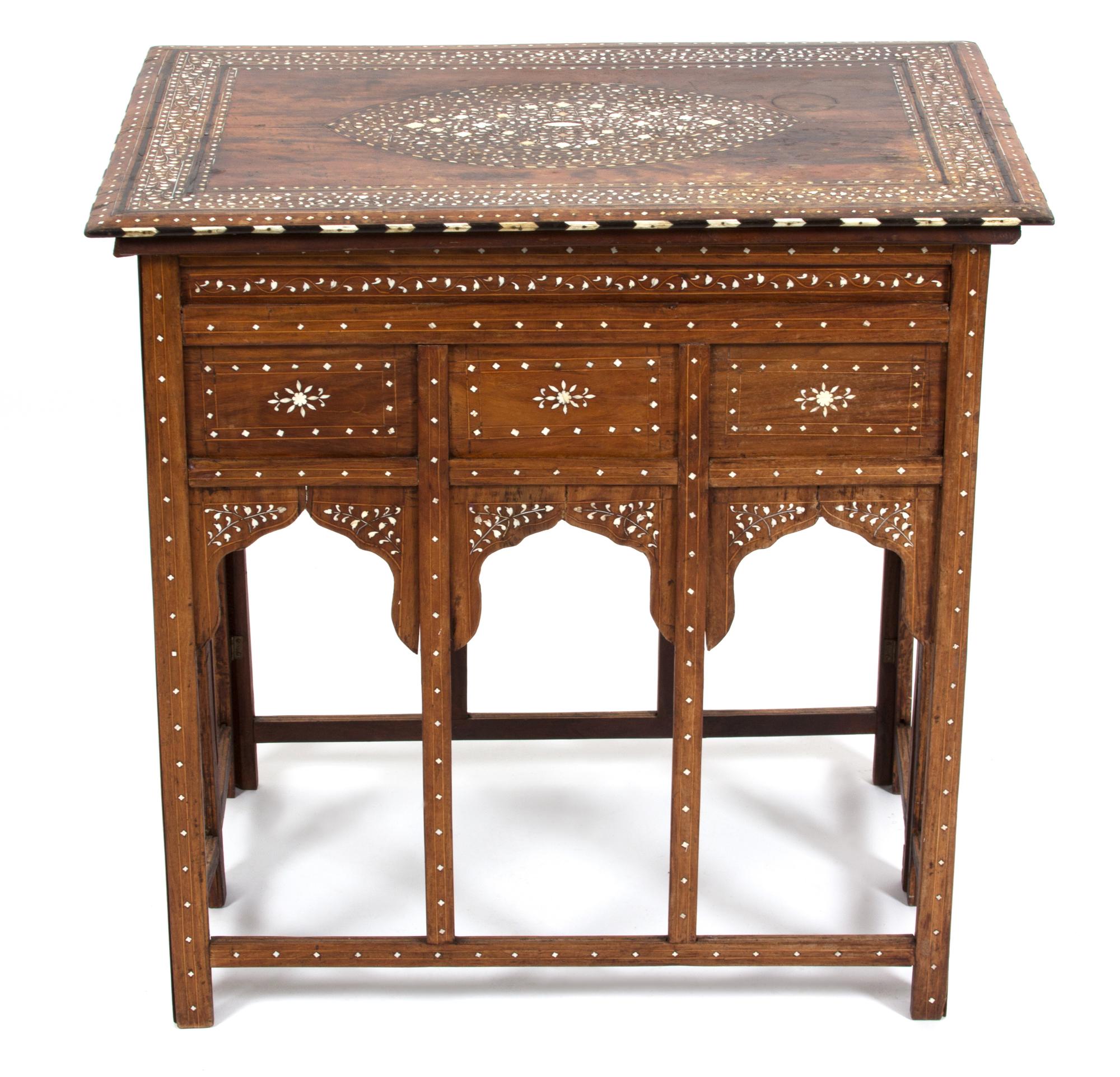An Anglo Indian Bone-Inlaid Cedar Campaign Table Height 30 x width 30 x depth 20 inches. — 19TH CENTURY