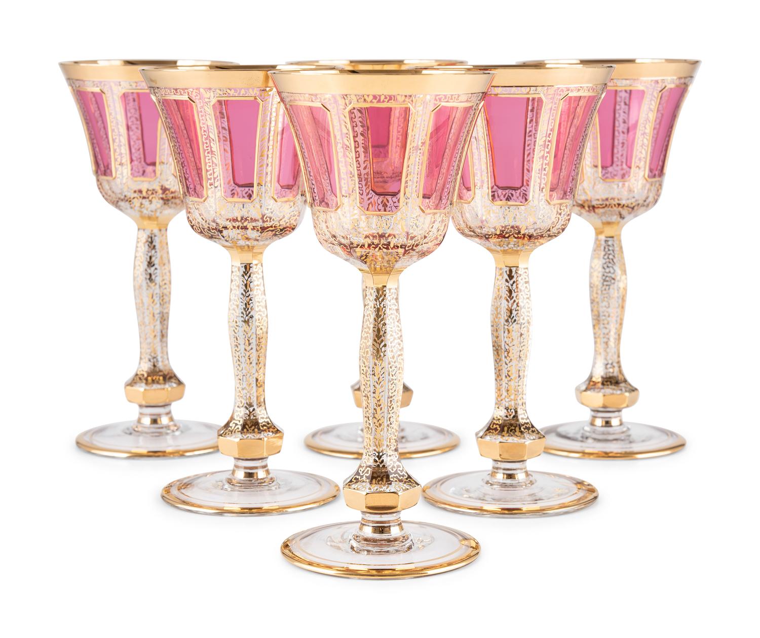 Six Moser Cranberry and Gold Cabochon Panel Wine Glasses