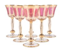 Six Moser Cranberry and Gold Cabochon Panel Wine Glasses
