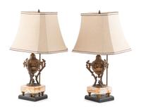 A Pair of Continental Bronze and Marble Cassolettes Mounted as Lamps