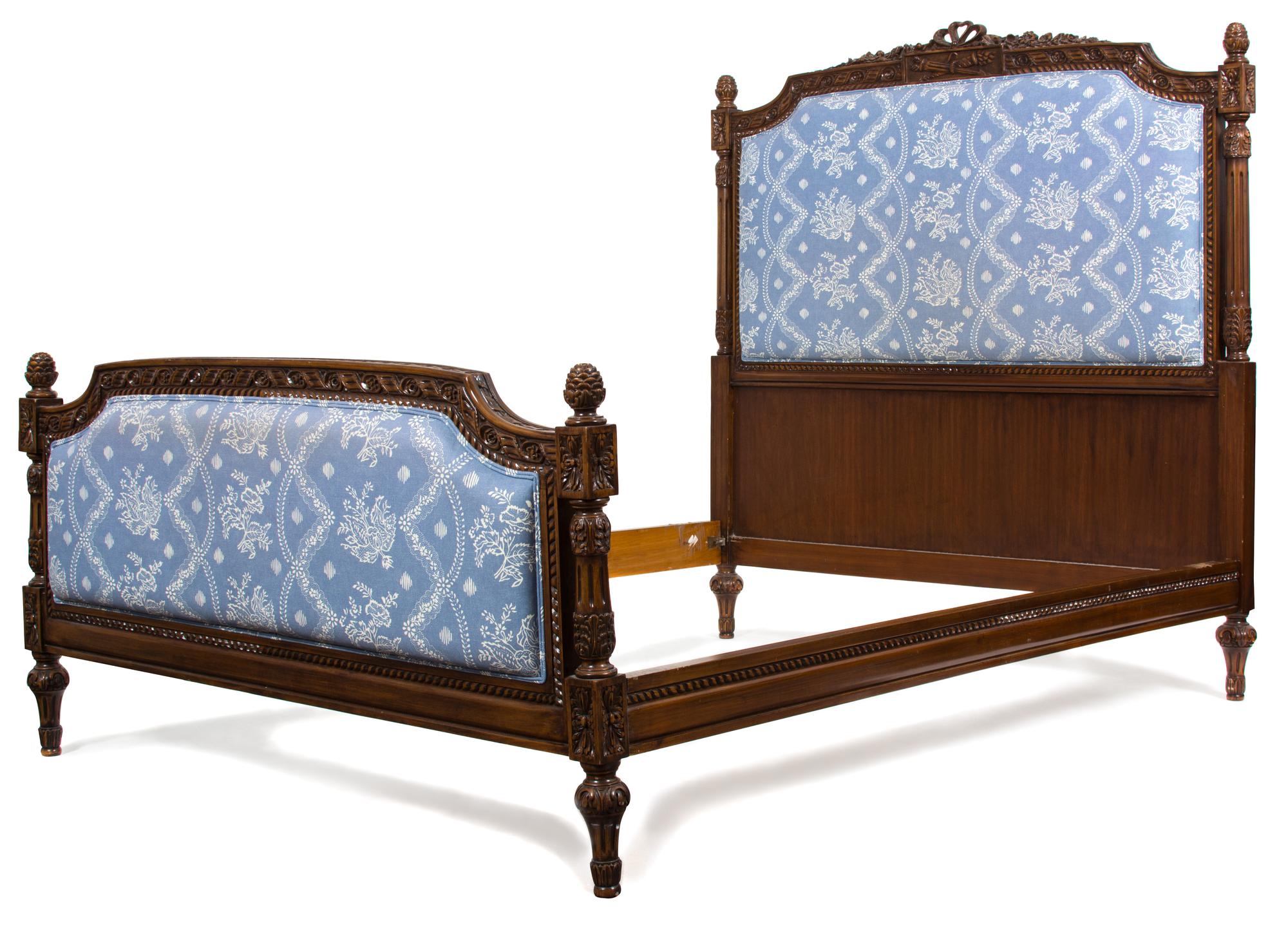 A Louis XVI Style Carved Mahogany Upholstered Headboard and Footboard — 20TH CENTURY