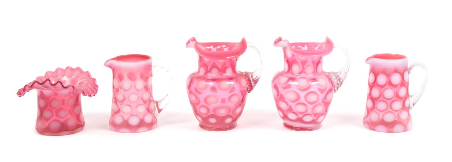 Five Cranberry Glass Coin Dot Articles Height of tallest 4 3/4 inches