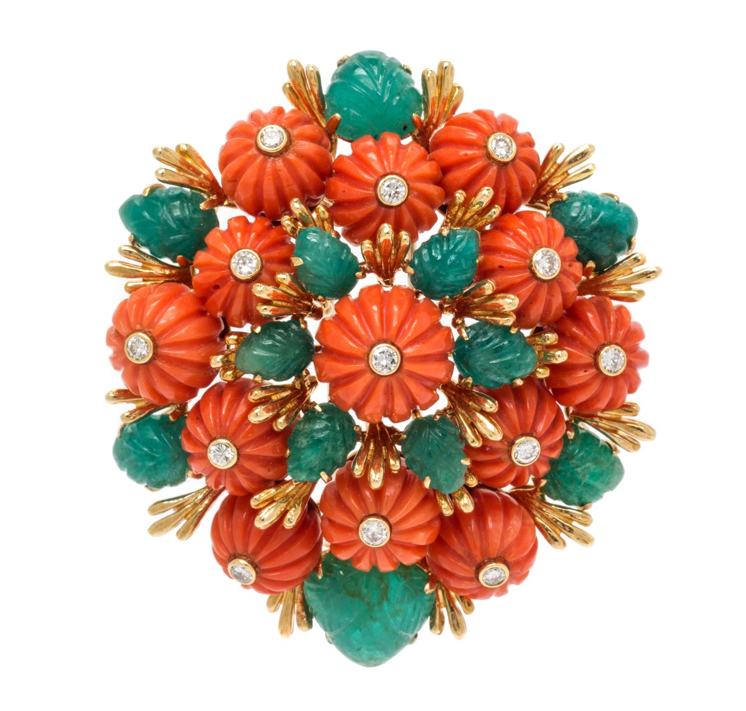 An 18 Karat Yellow Gold, Coral, Emerald, and Diamond Brooch, David Webb, 37.90 dwts.