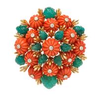 An 18 Karat Yellow Gold, Coral, Emerald, and Diamond Brooch, David Webb, 37.90 dwts.