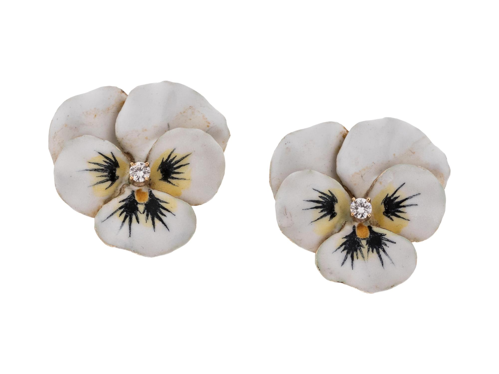 ENAMEL AND DIAMOND PANSY EARCLIPS