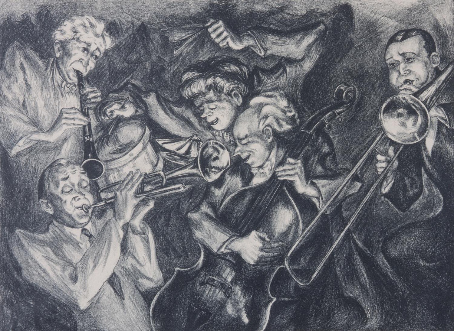 Mervin Jules, (American, 1912-1994), Musicians together with a work by an unknown artist, Man Playing a Harmonica