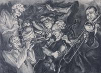 Mervin Jules, (American, 1912-1994), Musicians together with a work by an unknown artist, Man Playing a Harmonica