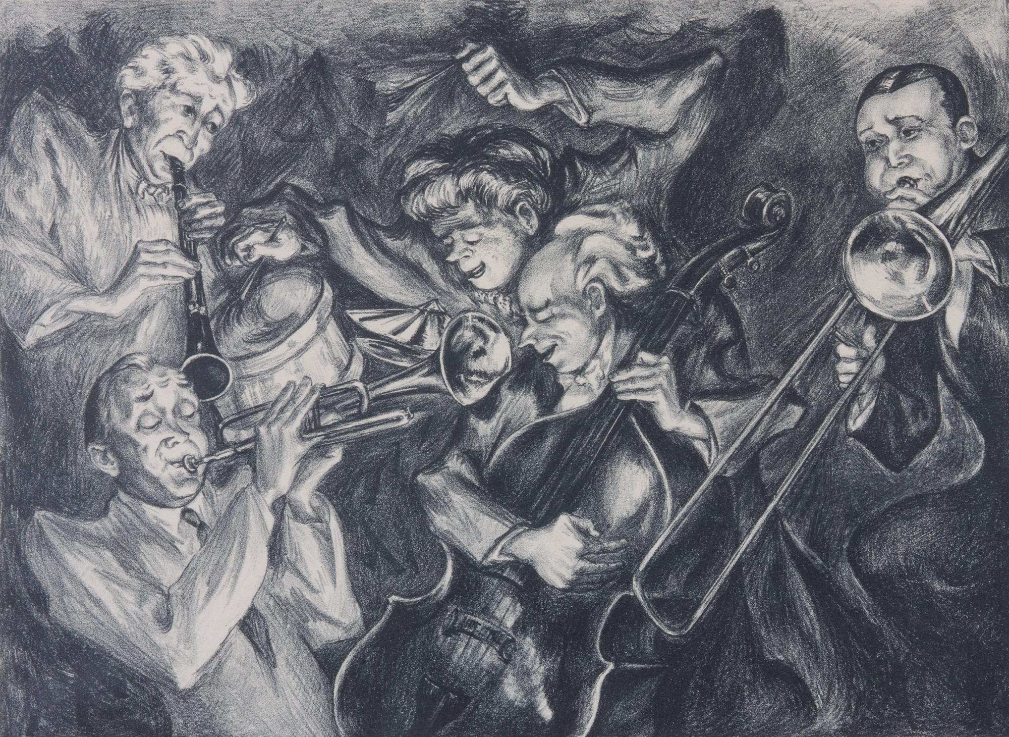 Mervin Jules, (American, 1912-1994), Musicians together with a work by an unknown artist, Man Playing a Harmonica
