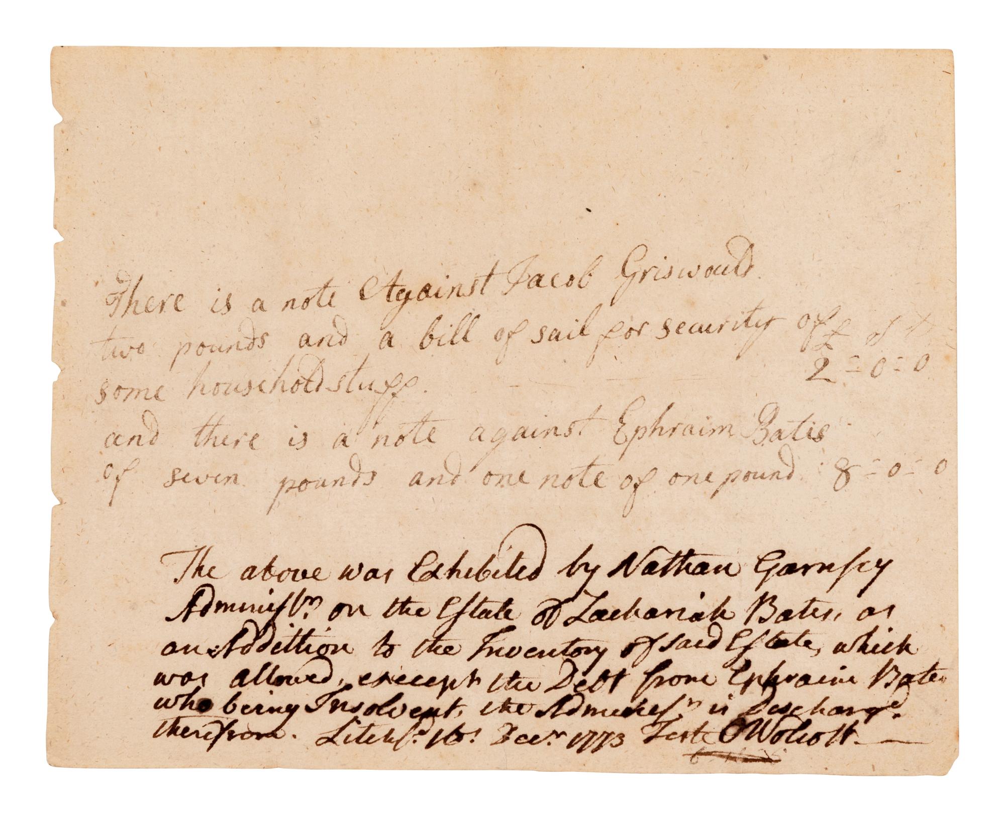 WOLCOTT, Oliver (1726-1797), signer of the Declaration of Independence and the Articles of the Confederation. Autograph document signed ("O Wolcott"), Dec. 16 1773.