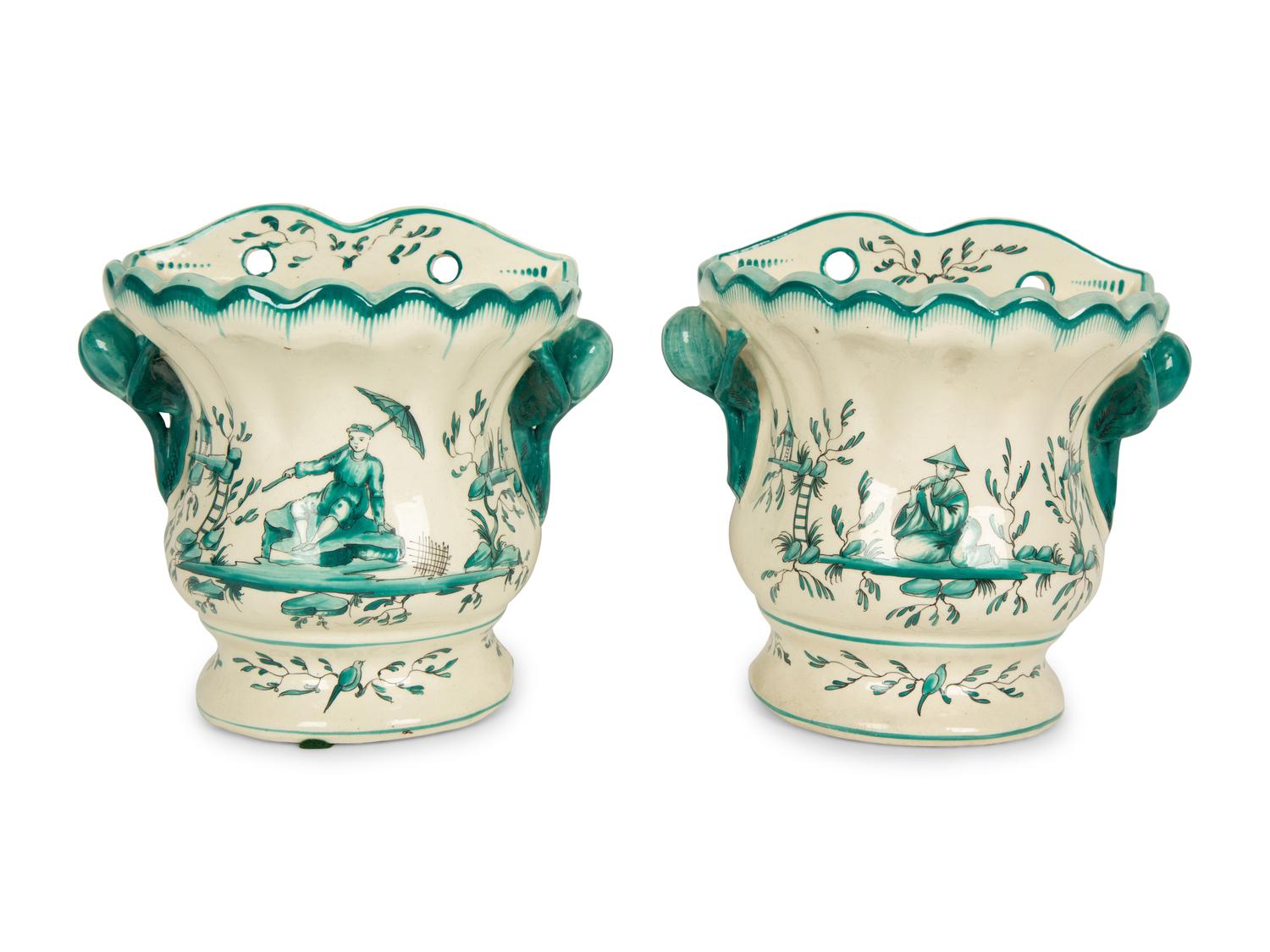 A Pair of French Green Chinoiserie Faience Tulipieres — 19TH CENTURY