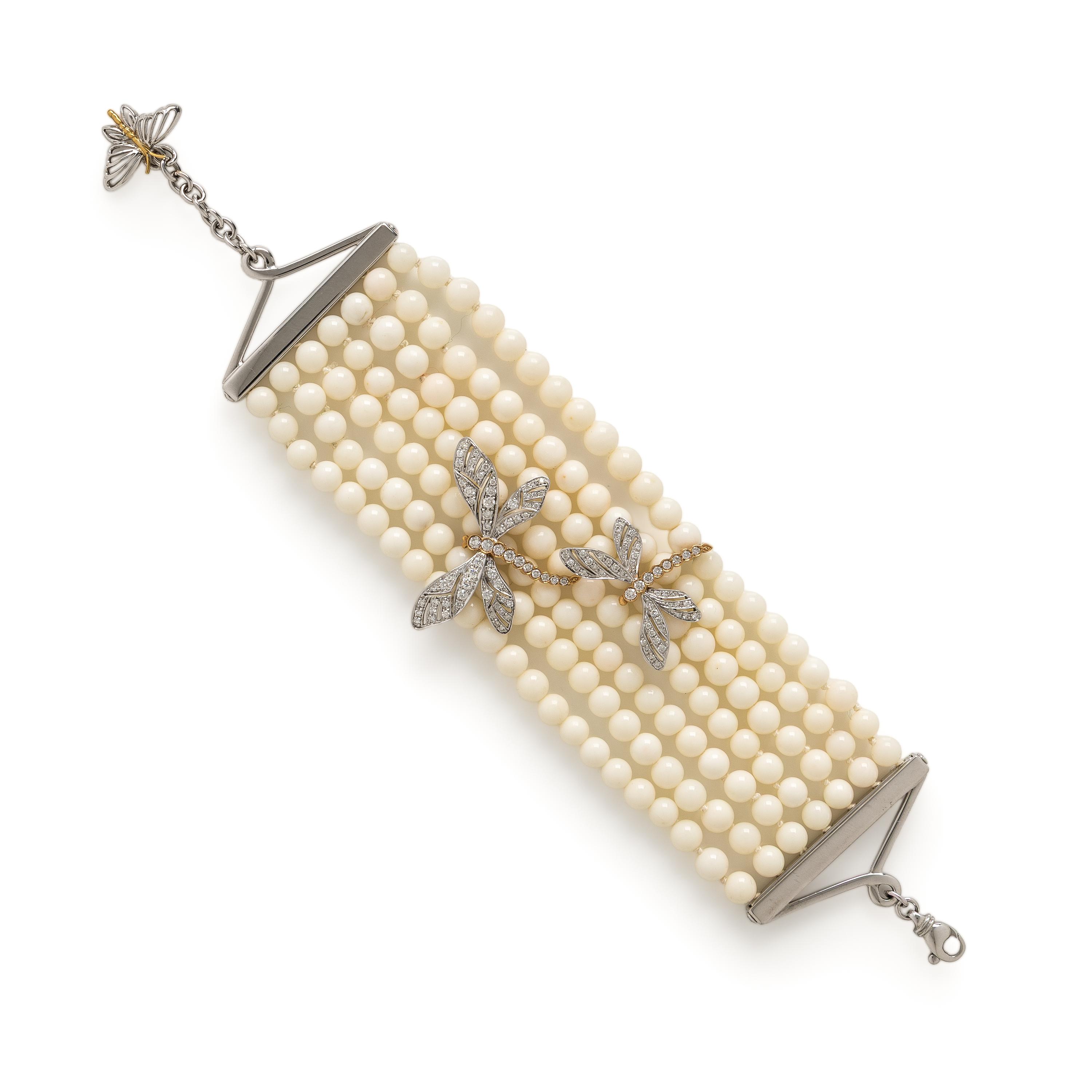 Chantecler, White Coral, Diamond, and Bicolor Gold Dragonfly Bracelet