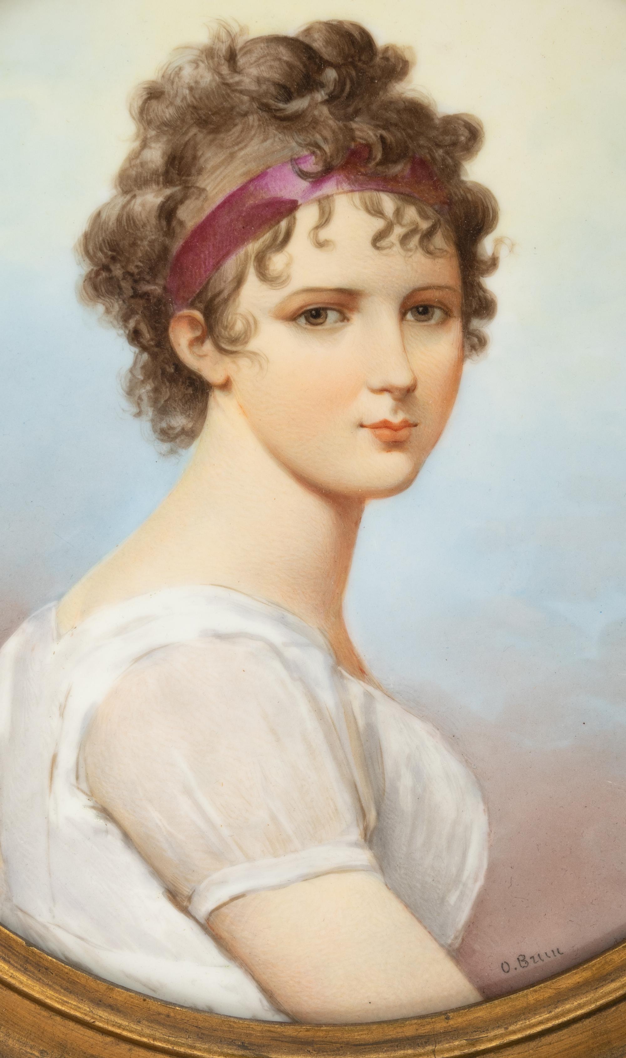 A Continental Painted Porcelain Plaque Depicting Madame Récamier After Jacques Louis David