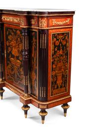 A Pair of Louis XVI Style Gilt Bronze Mounted Marquetry Marble-Top Console Cabinets