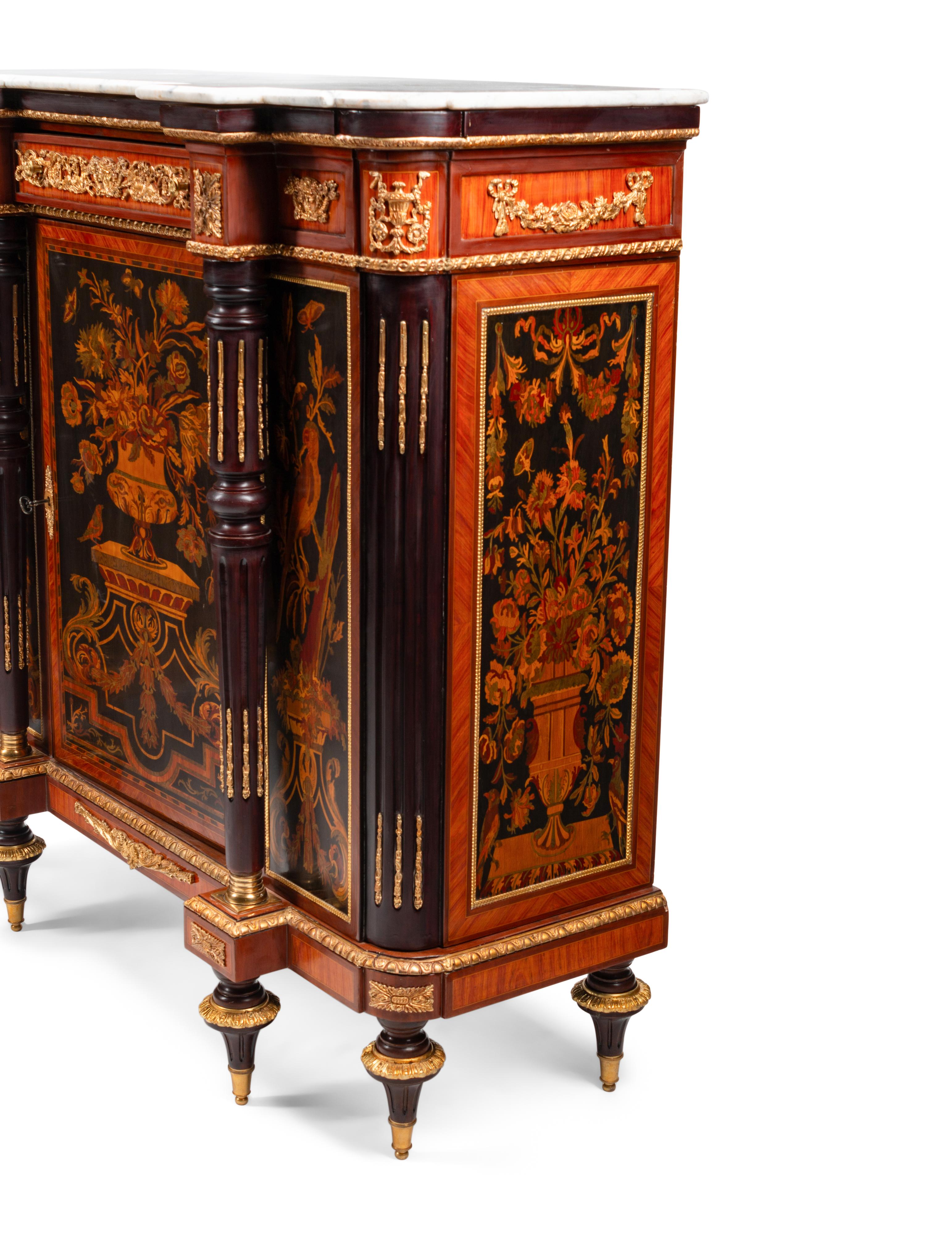 A Pair of Louis XVI Style Gilt Bronze Mounted Marquetry Marble-Top Console Cabinets