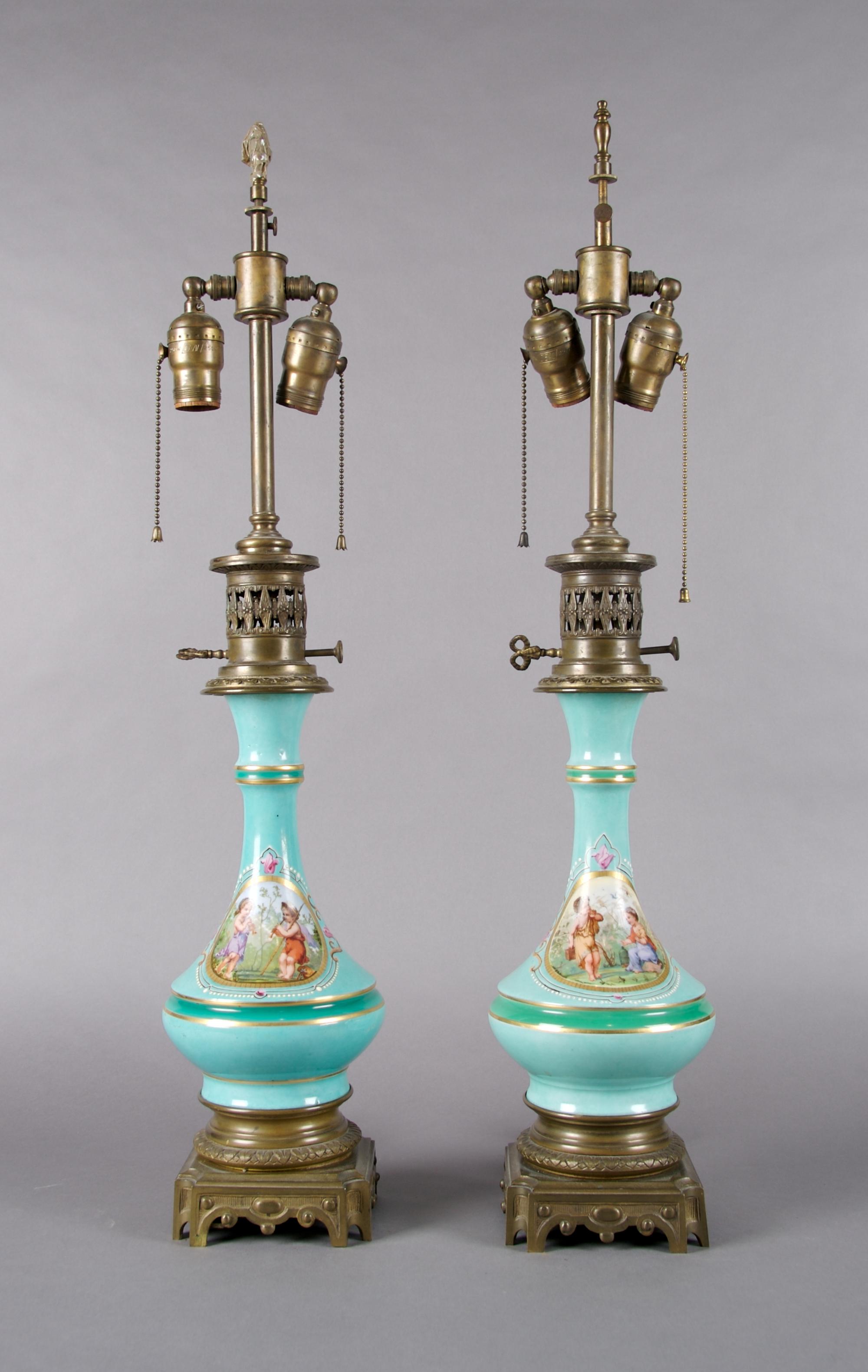 A Pair of Continental Vases, Height overall 29 inches.