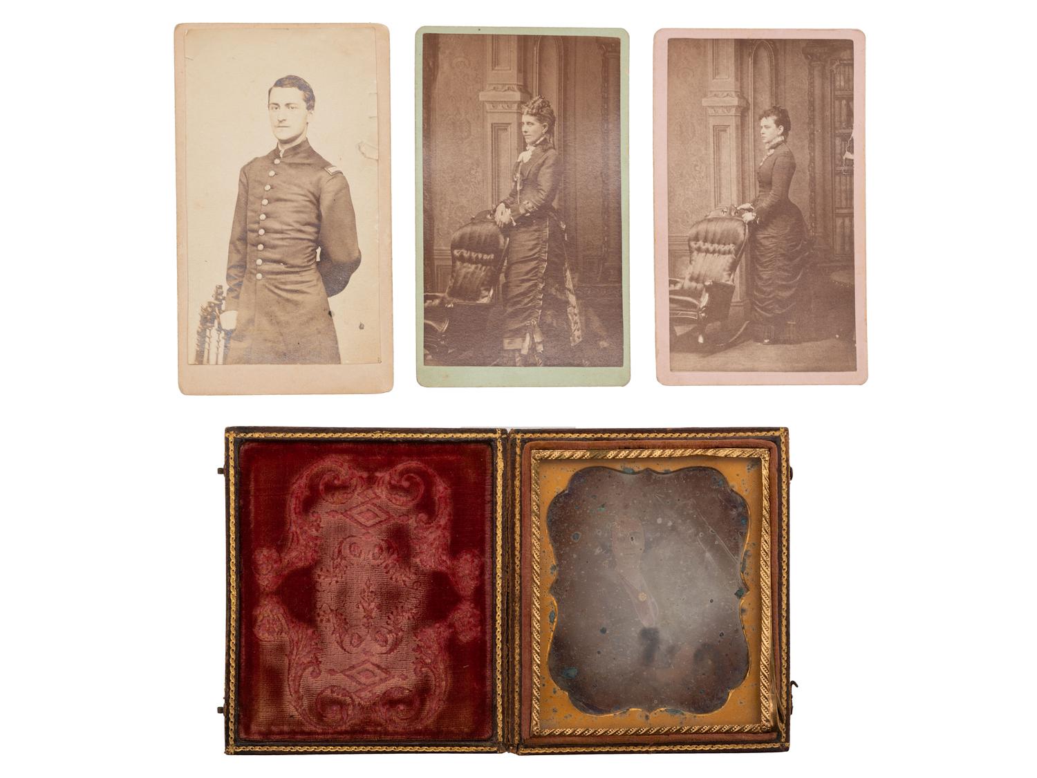 [CIVIL WAR]. Soldier's lap desk containing housewife, stencil, CDVs, and more.