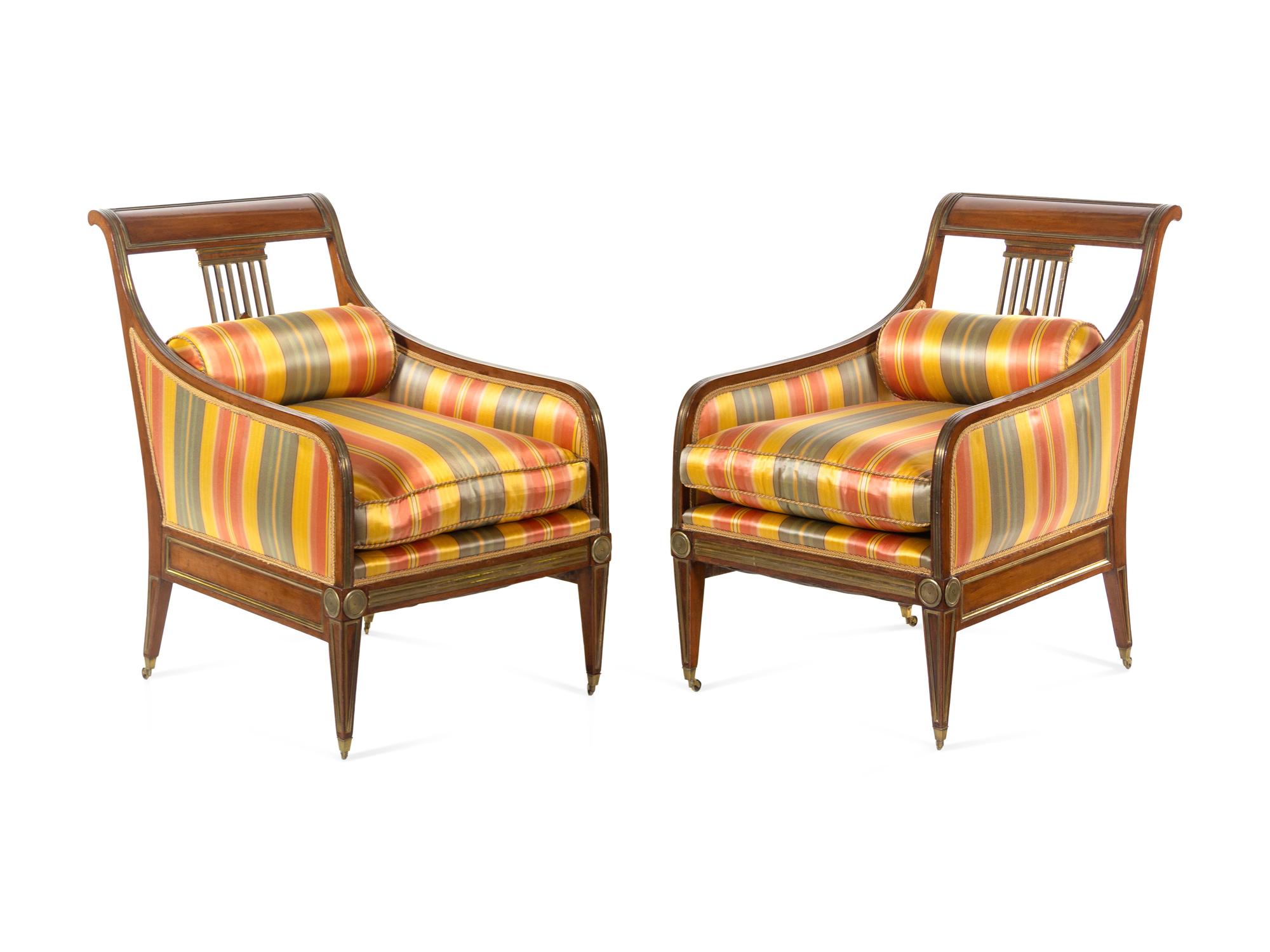 A Set of Four Russian Empire Brass Mounted Mahogany Armchairs
