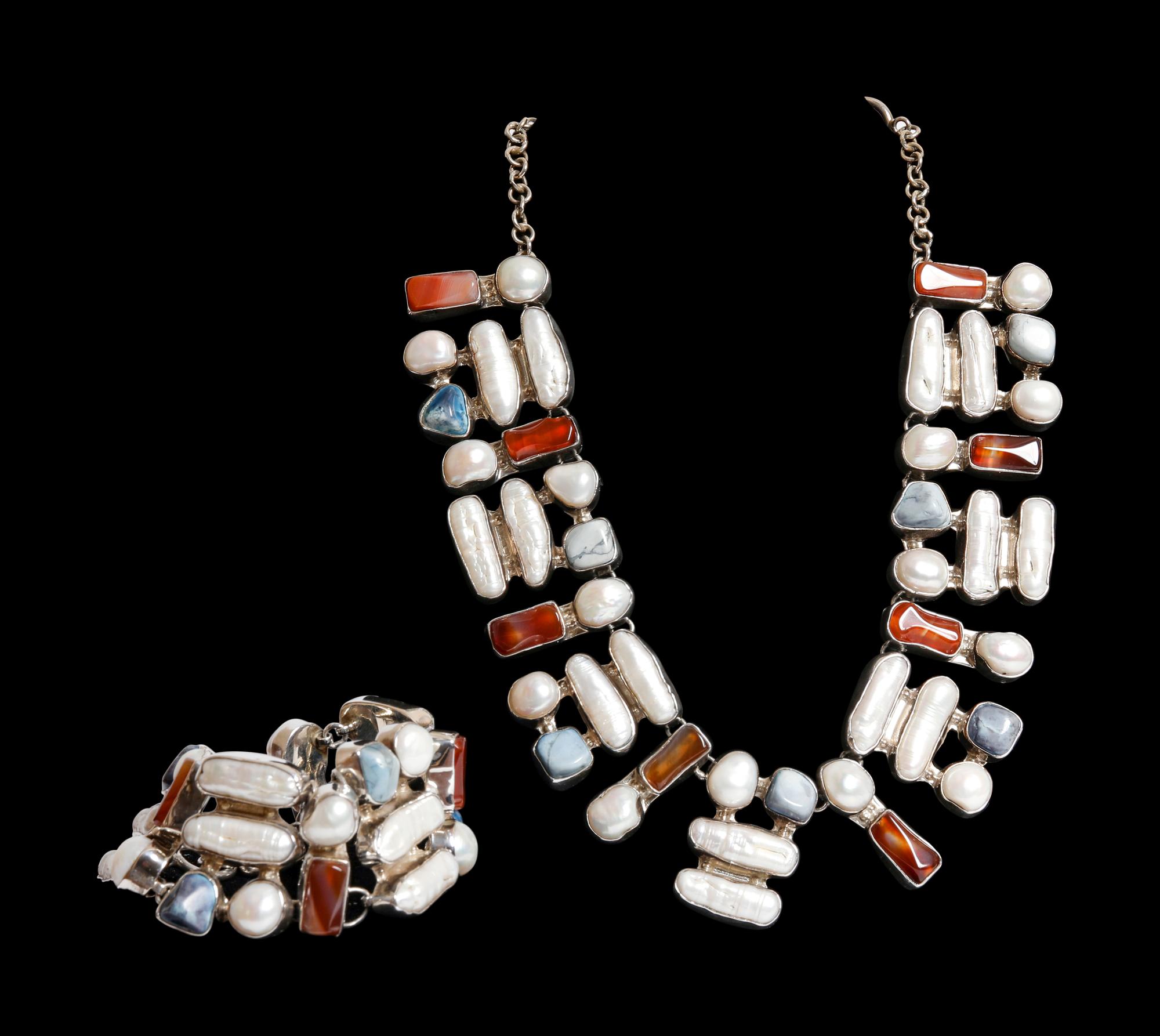 Sterling Silver Necklace with Keshi and Baroque White Pearls, Carnelian and Sodalite Stones and Sterling Silver Bracelet with Keshi and Baroque White Pearls, Carnelian and Sodalite Stones