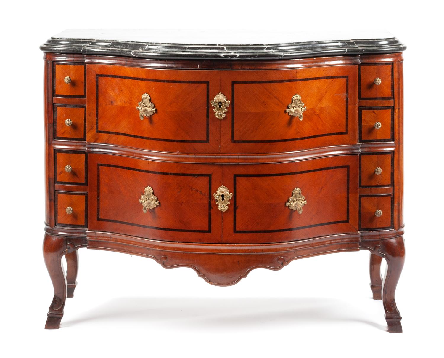 A Swiss Gilt Bronze Mounted Parcel Ebonized Commode Height 34 1/2 x width 43 x depth 25 1/4 inches. — 18TH CENTURY