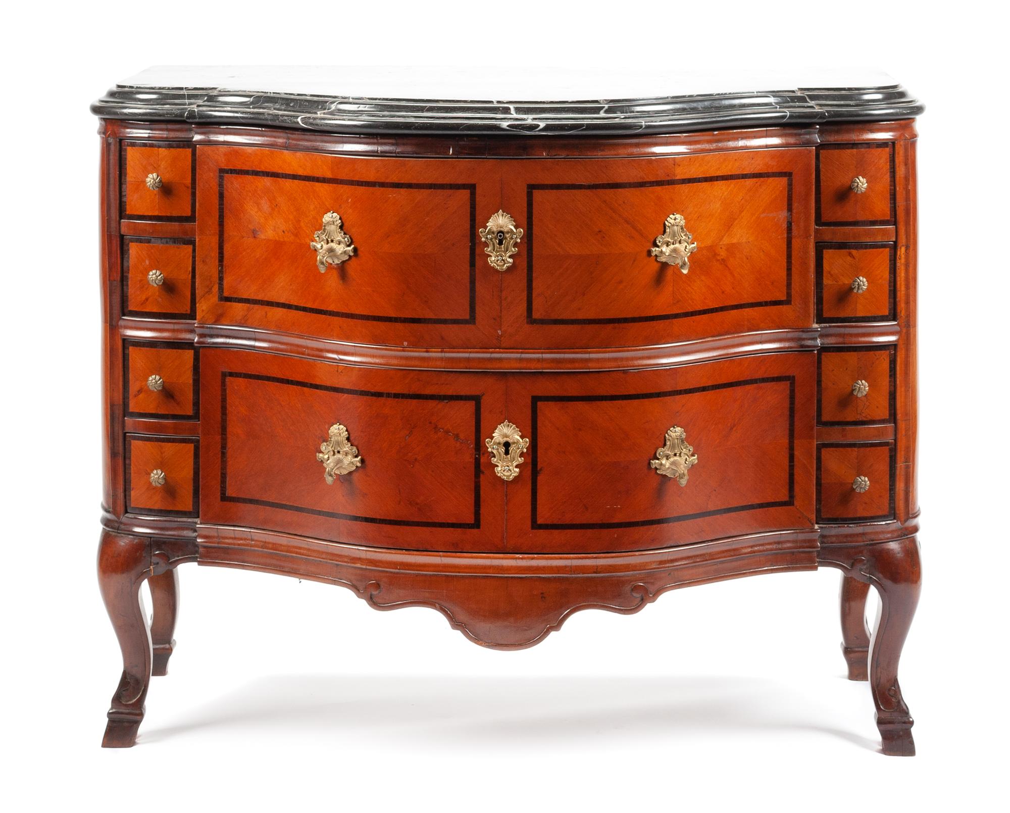 A Swiss Gilt Bronze Mounted Parcel Ebonized Commode Height 34 1/2 x width 43 x depth 25 1/4 inches. — 18TH CENTURY