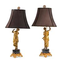 A Pair of Continental Gilt Bronze Figures Mounted as Lamps