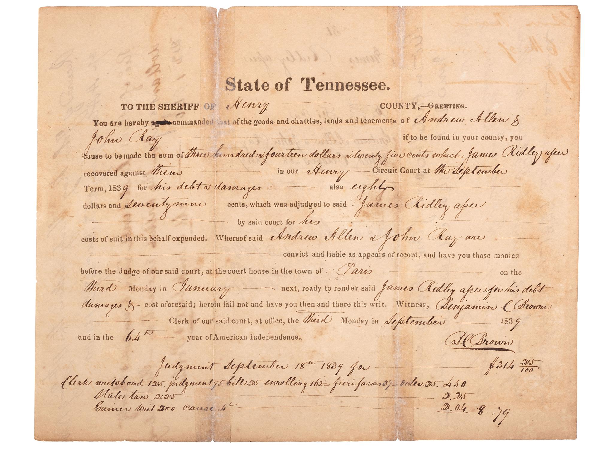[SLAVERY & ABOLITION]. A group of 4 documents related to the enslavement of individuals in Tennessee, comprising: