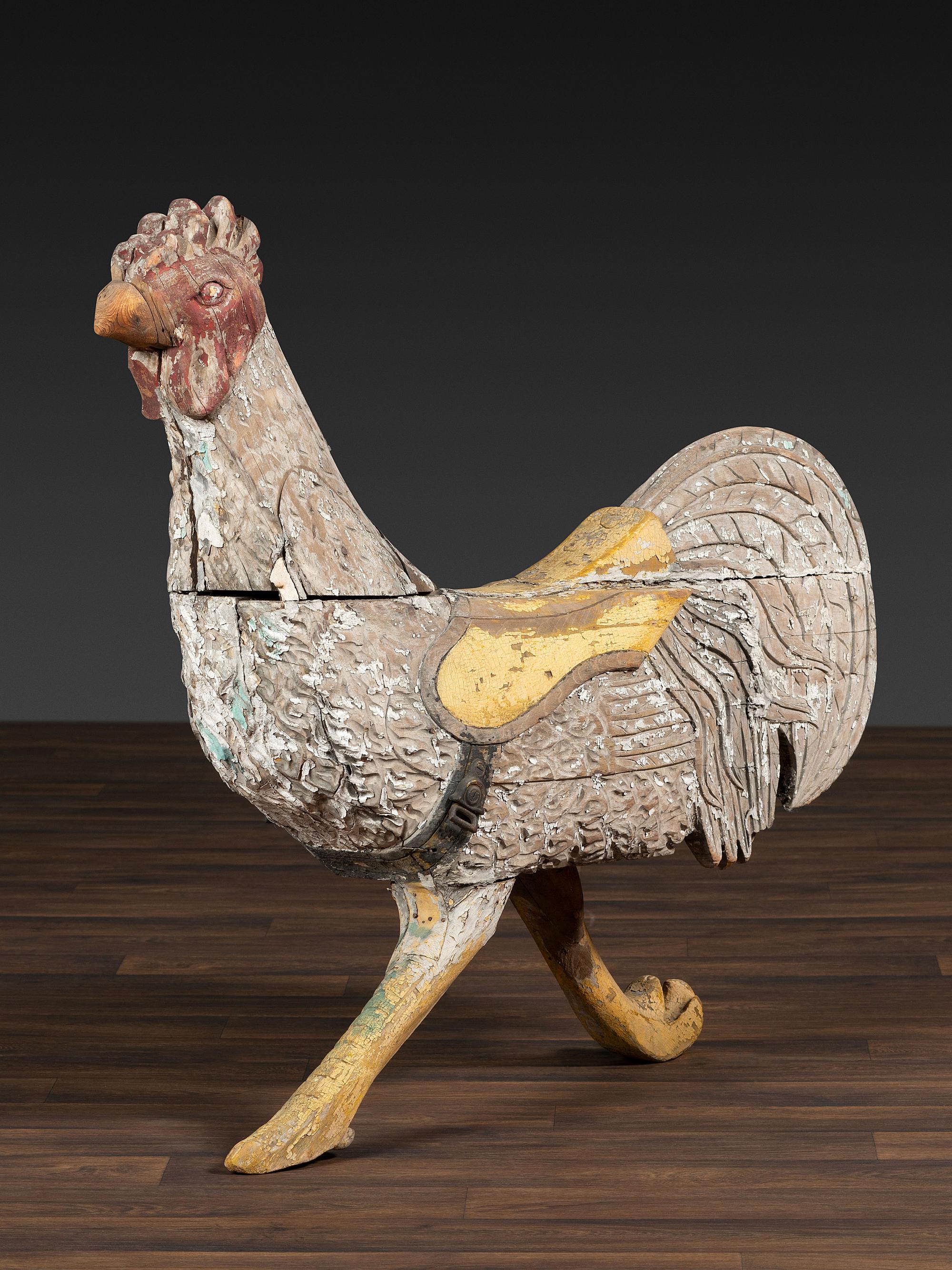 A Carved and Painted Wood Rooster Carousel Figure